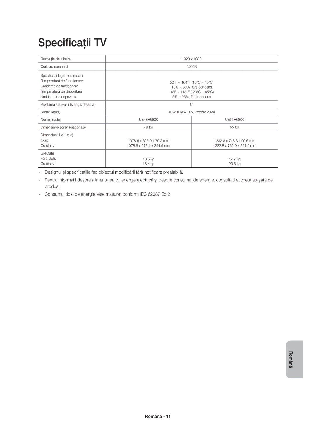 Samsung UE55H6800AKXXU, UE48H6800AWXXH, UE55H6800AWXXH, UE48H6800AWXZF, UE55H6800AWXZF, UE48H6800AWXXC manual Specificaţii TV 