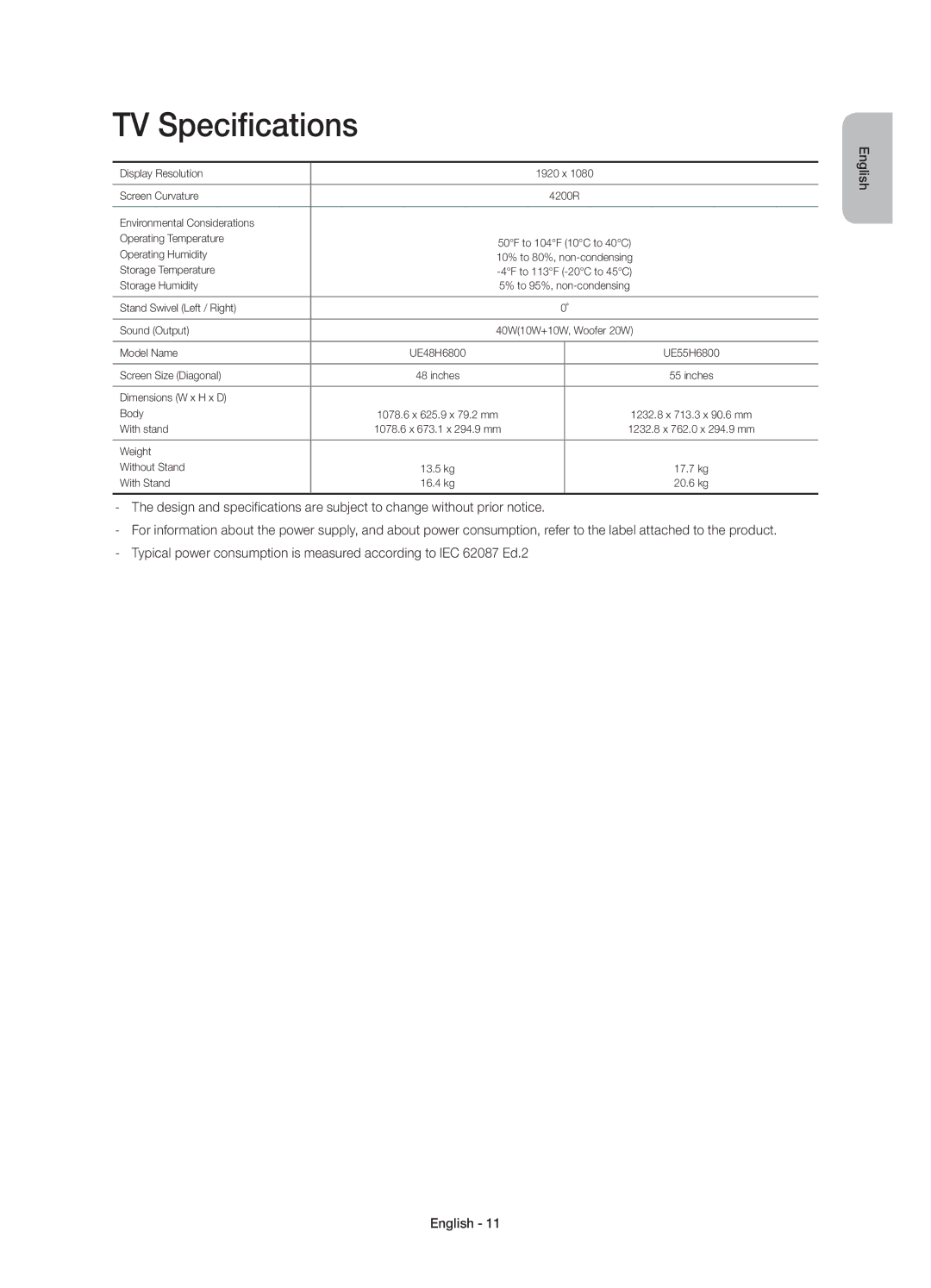 Samsung UE55H6800AKXXU, UE48H6800AWXXH, UE55H6800AWXXH, UE48H6800AWXZF, UE55H6800AWXZF, UE48H6800AWXXC manual TV Specifications 