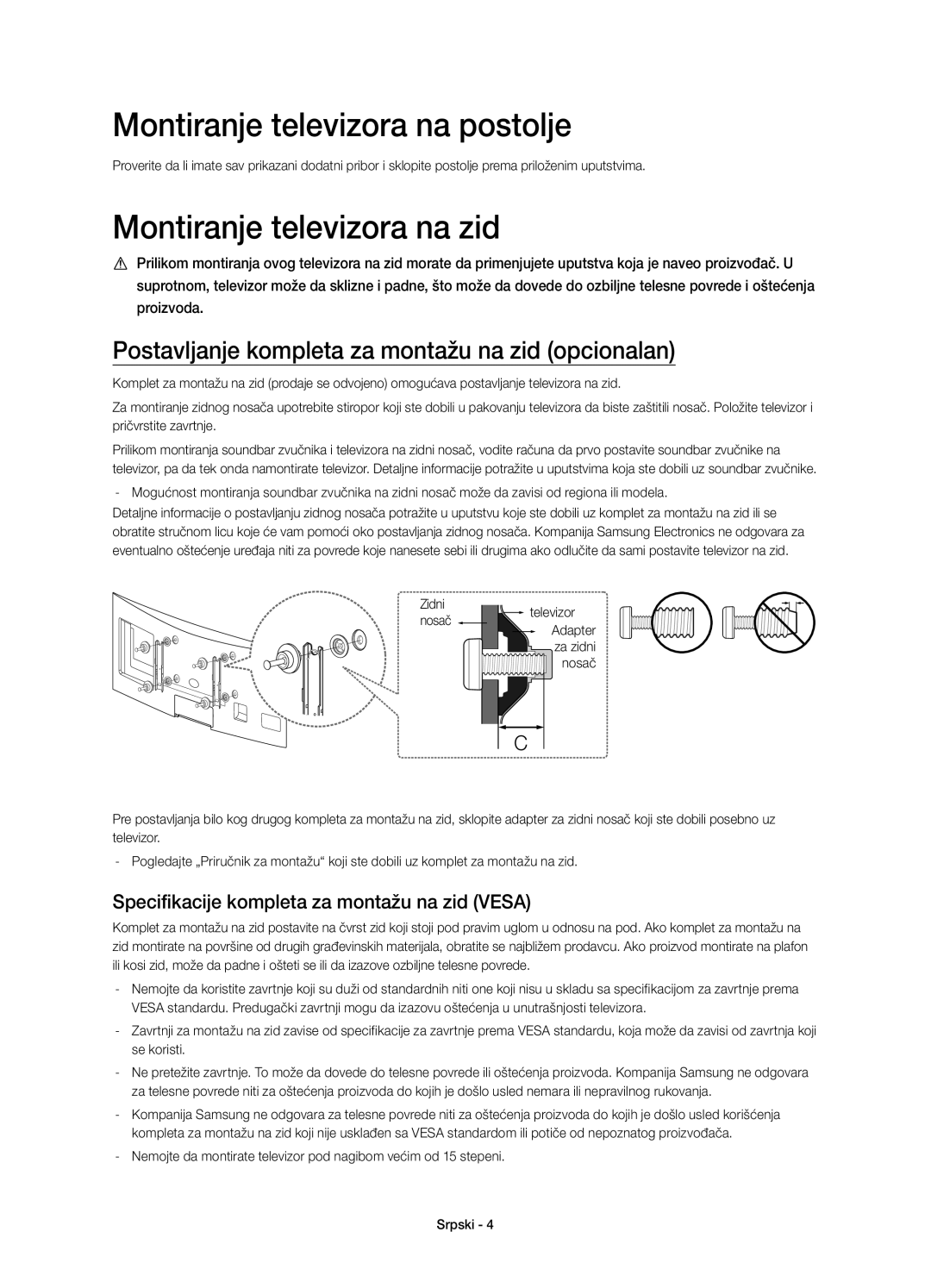 Samsung UE48H6800AWXXC manual Montiranje televizora na postolje, Postavljanje kompleta za montažu na zid opcionalan 