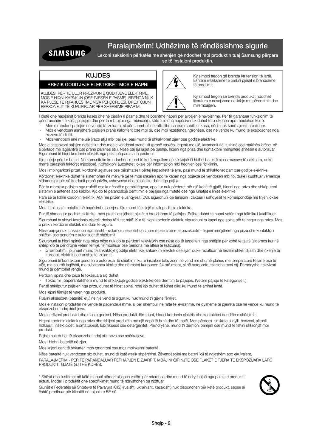 Samsung UE48H6800AWXZF manual Paralajmërim! Udhëzime të rëndësishme sigurie, Kujdes, Rrezik Goditjeje Elektrike MOS E Hapni 