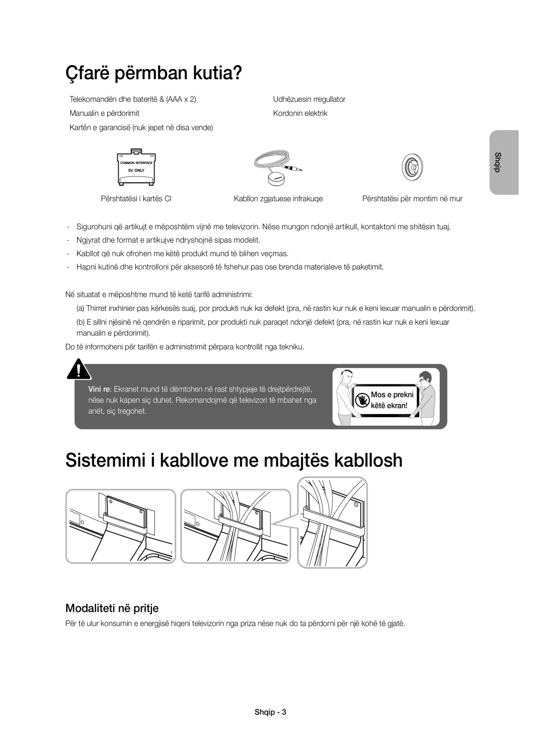 Samsung UE55H6800AWXZF manual Çfarë përmban kutia?, Sistemimi i kabllove me mbajtës kabllosh, Modaliteti në pritje 