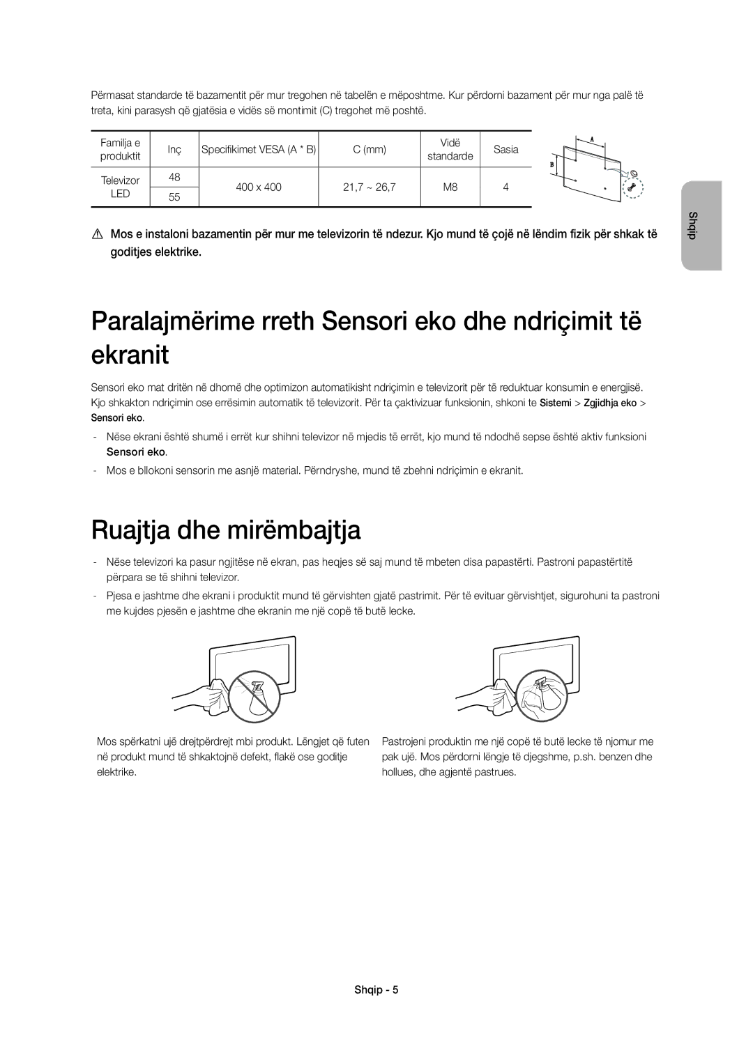 Samsung UE55H6800AWXXC manual Paralajmërime rreth Sensori eko dhe ndriçimit të ekranit, Ruajtja dhe mirëmbajtja, Vidë Sasia 