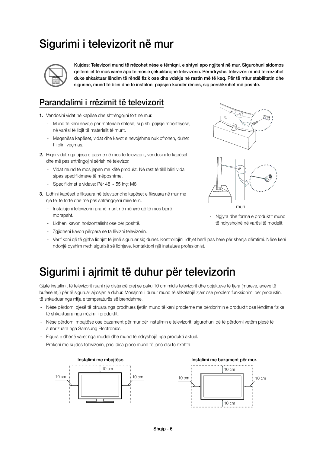 Samsung UE48H6800AKXXH, UE48H6800AWXXH manual Sigurimi i televizorit në mur, Sigurimi i ajrimit të duhur për televizorin 