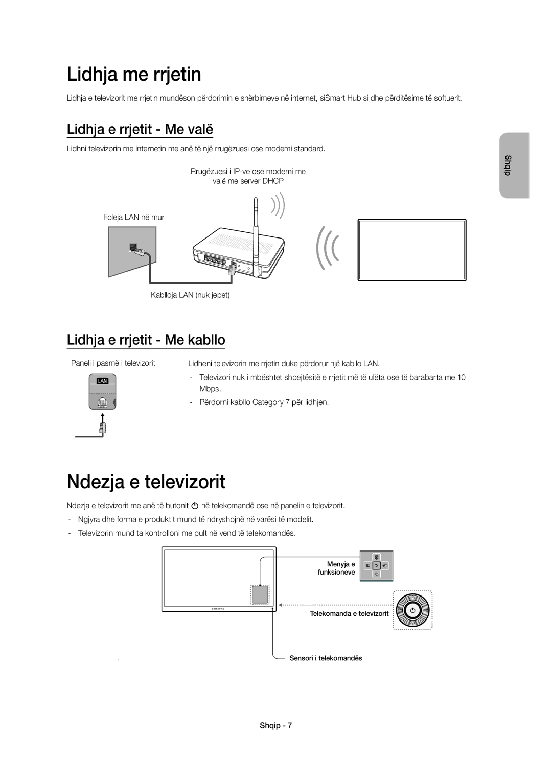 Samsung UE55H6800AKXXH manual Lidhja me rrjetin, Ndezja e televizorit, Lidhja e rrjetit Me valë, Lidhja e rrjetit Me kabllo 