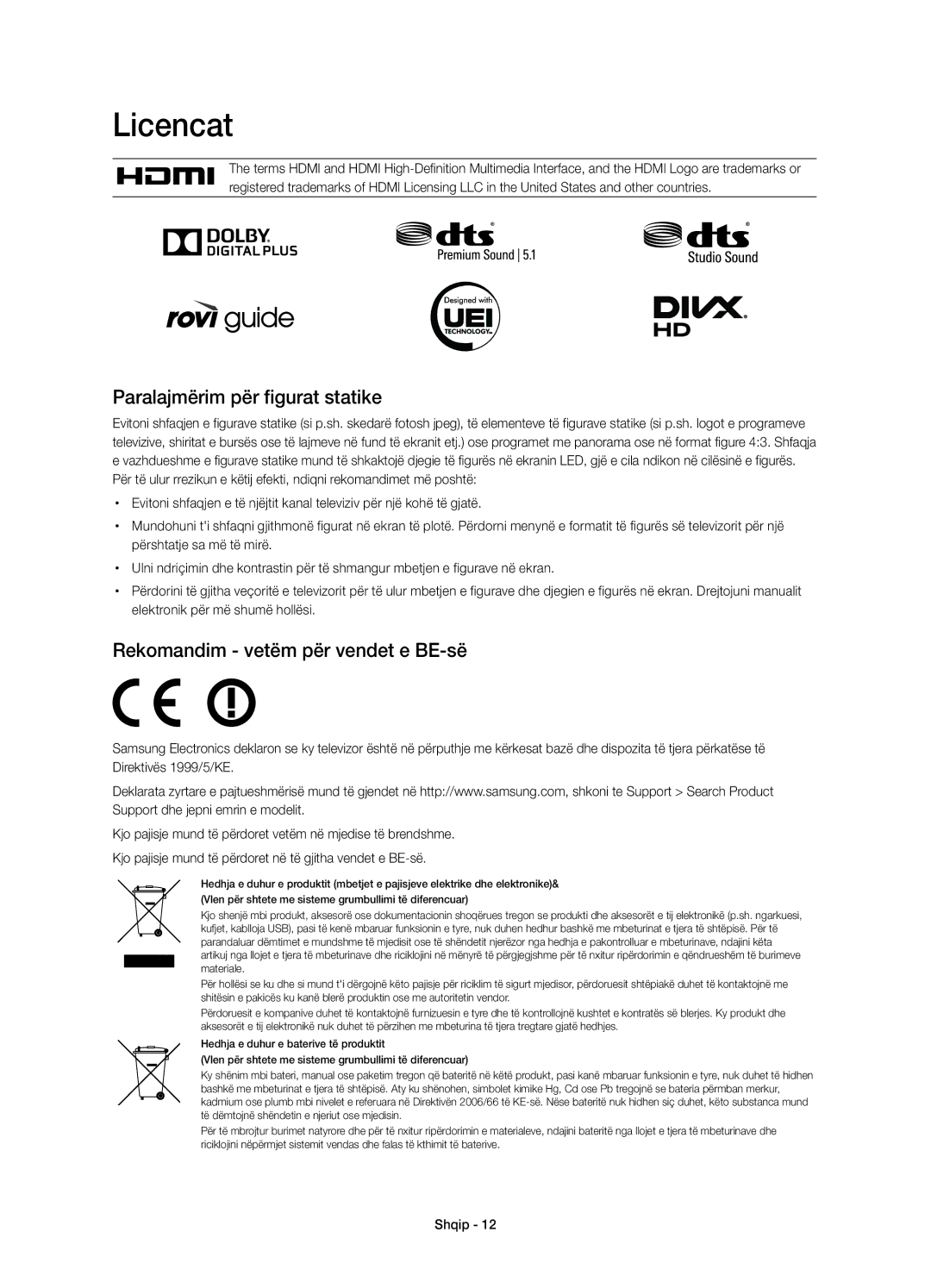 Samsung UE48H6800AWXXH, UE55H6800AWXXH Licencat, Paralajmërim për figurat statike, Rekomandim vetëm për vendet e BE-së 