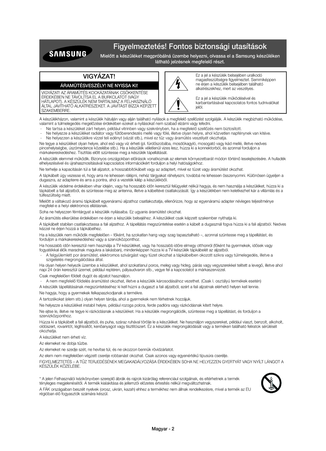 Samsung UE48H6800AWXZF manual Figyelmeztetés! Fontos biztonsági utasítások, Vigyázat, ÁRAMÜTÉSVESZÉLY! NE Nyissa KI, Magyar 