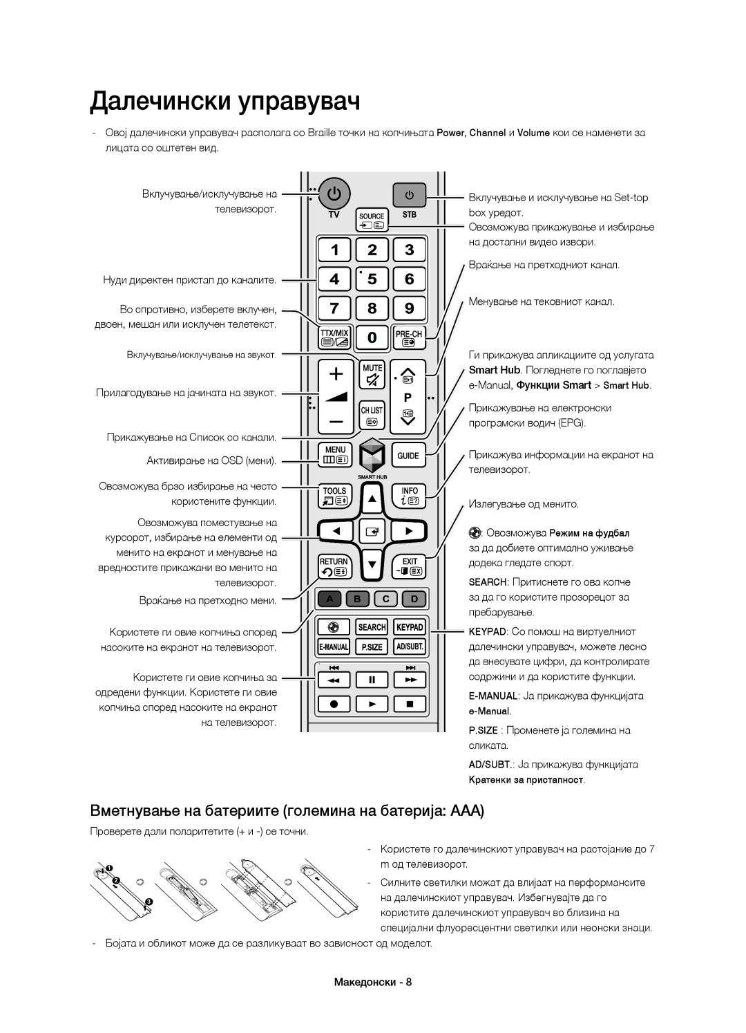 Samsung UE48H6800AKXXU, UE48H6800AWXXH manual Далечински управувач, Вметнување на батериите големина на батерија AAA 