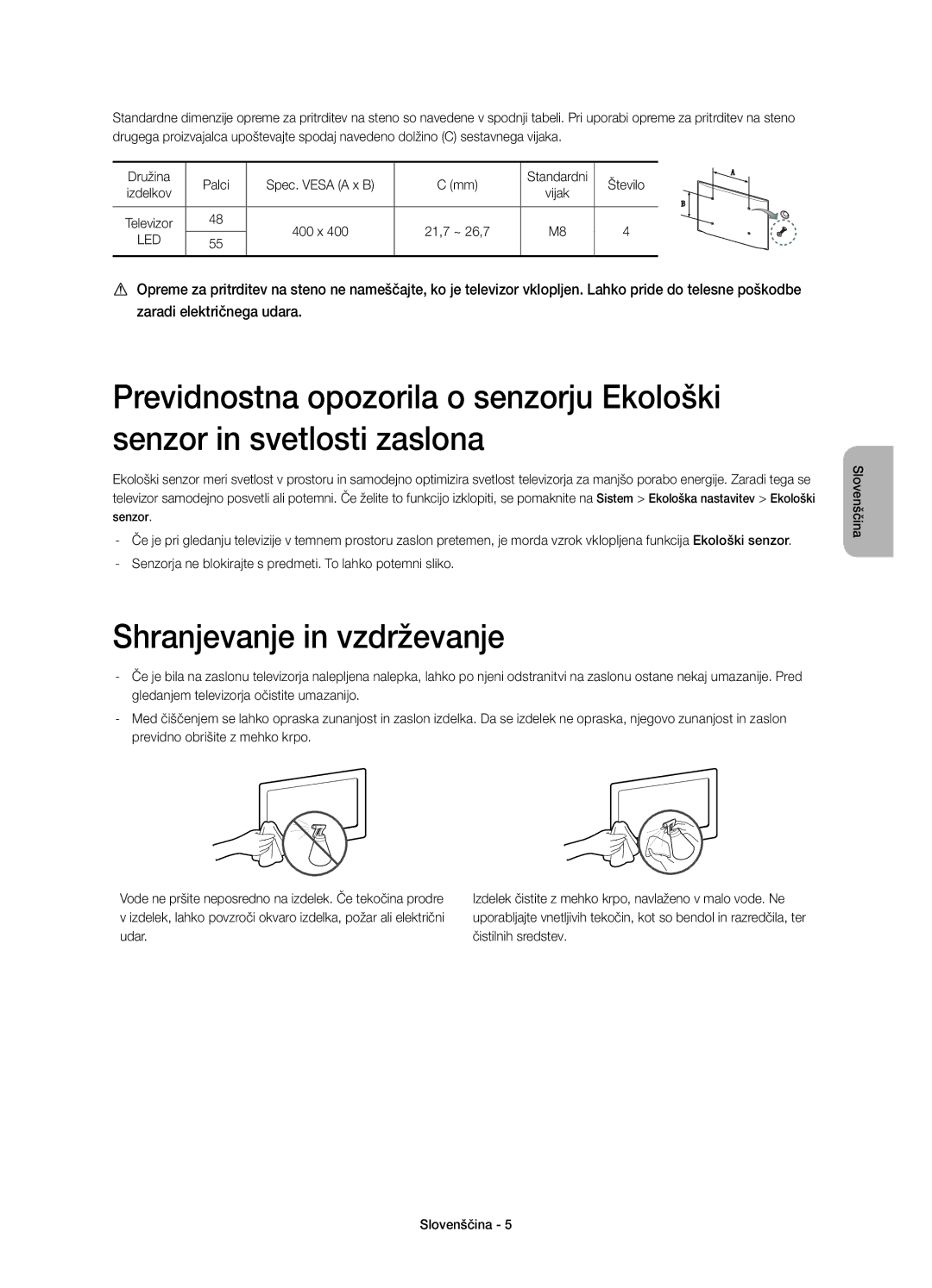 Samsung UE55H6800AWXXC, UE48H6800AWXXH, UE55H6800AWXXH, UE48H6800AWXZF manual Shranjevanje in vzdrževanje, 21,7 ~ 26,7 