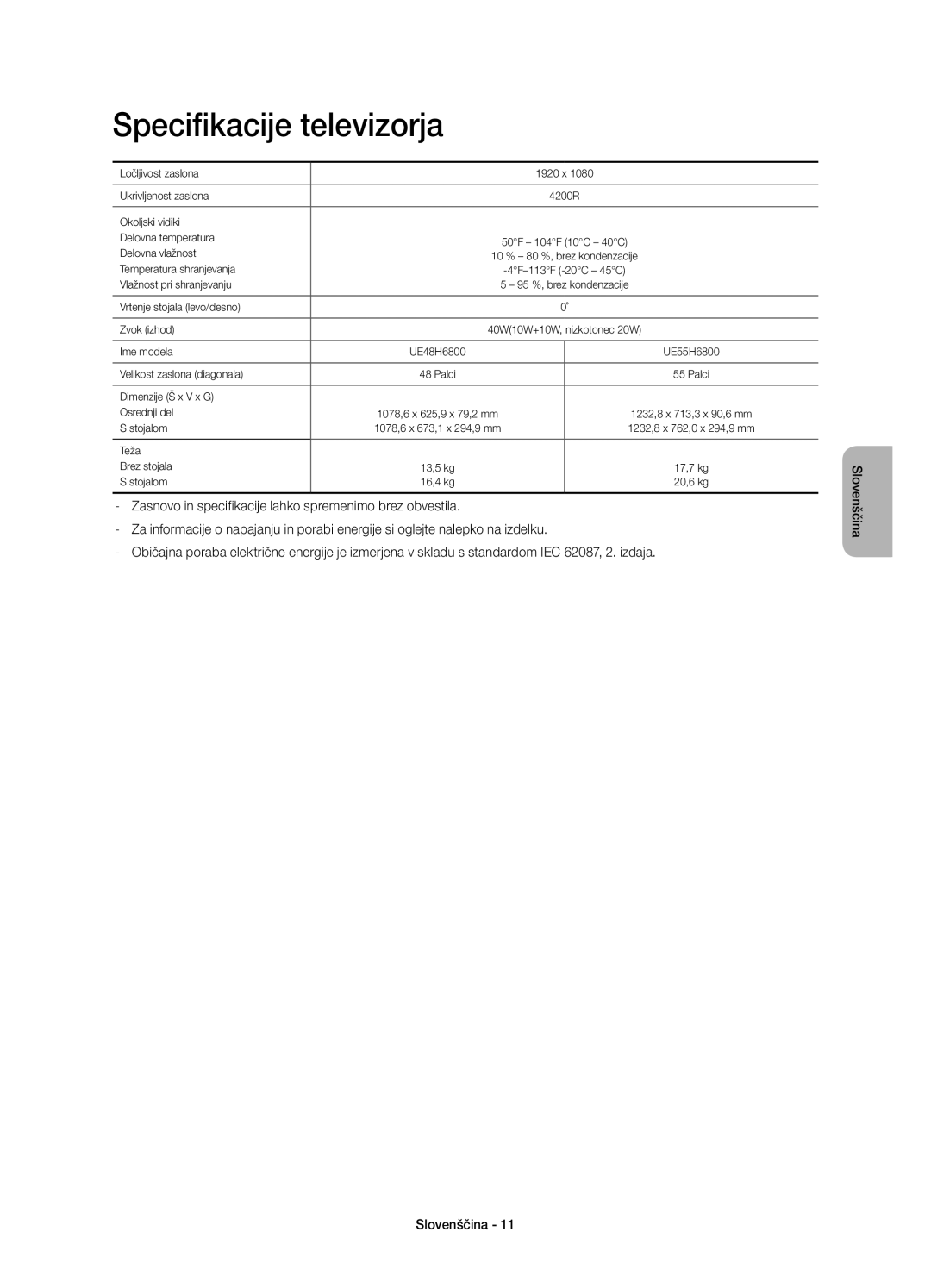 Samsung UE55H6800AKXXU, UE48H6800AWXXH, UE55H6800AWXXH, UE48H6800AWXZF, UE55H6800AWXZF manual Specifikacije televizorja 