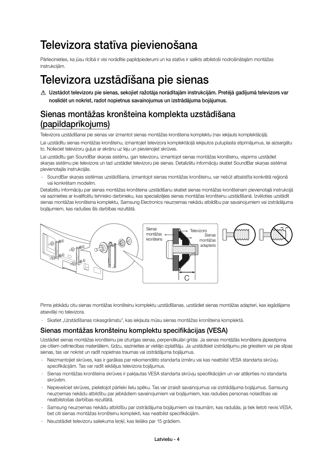 Samsung UE48H6800AWXXC, UE48H6800AWXXH, UE55H6800AWXXH Televizora statīva pievienošana, Televizora uzstādīšana pie sienas 