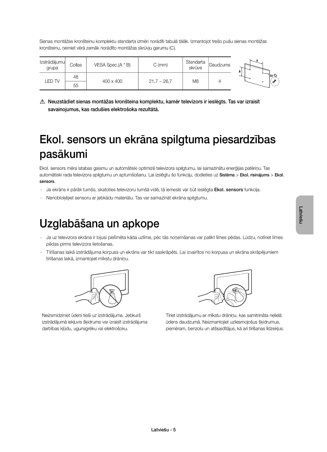 Samsung UE55H6800AWXXC, UE48H6800AWXXH manual Ekol. sensors un ekrāna spilgtuma piesardzības pasākumi, Uzglabāšana un apkope 