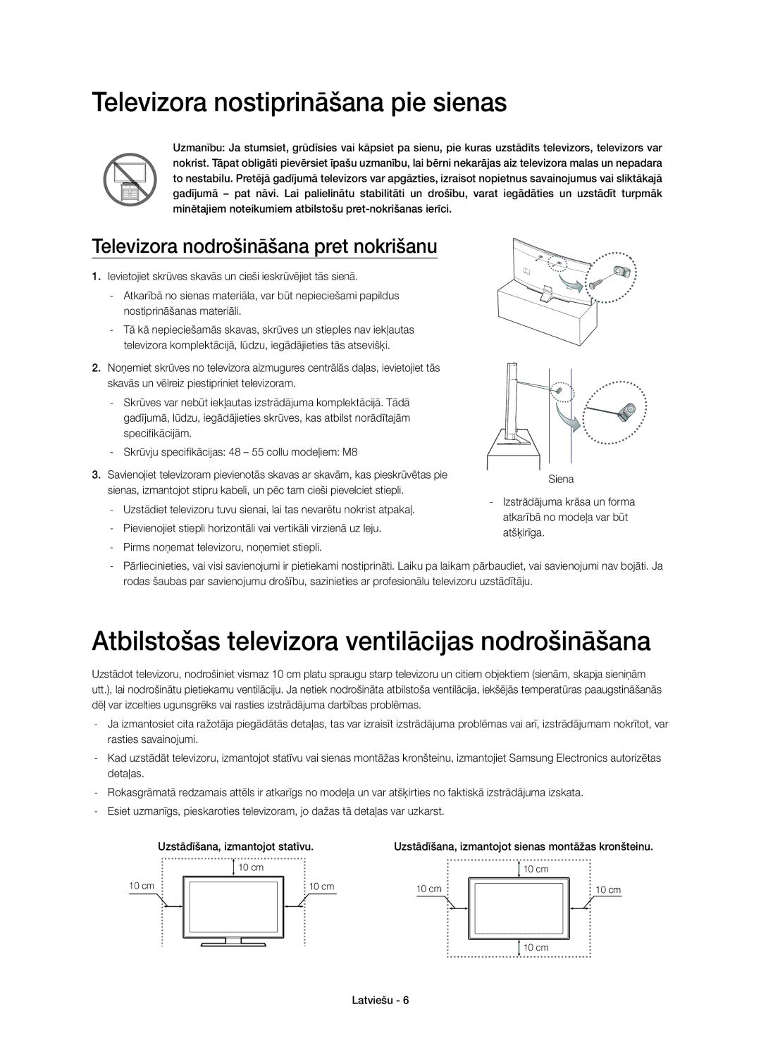 Samsung UE48H6800AKXXH manual Televizora nostiprināšana pie sienas, Atbilstošas televizora ventilācijas nodrošināšana 