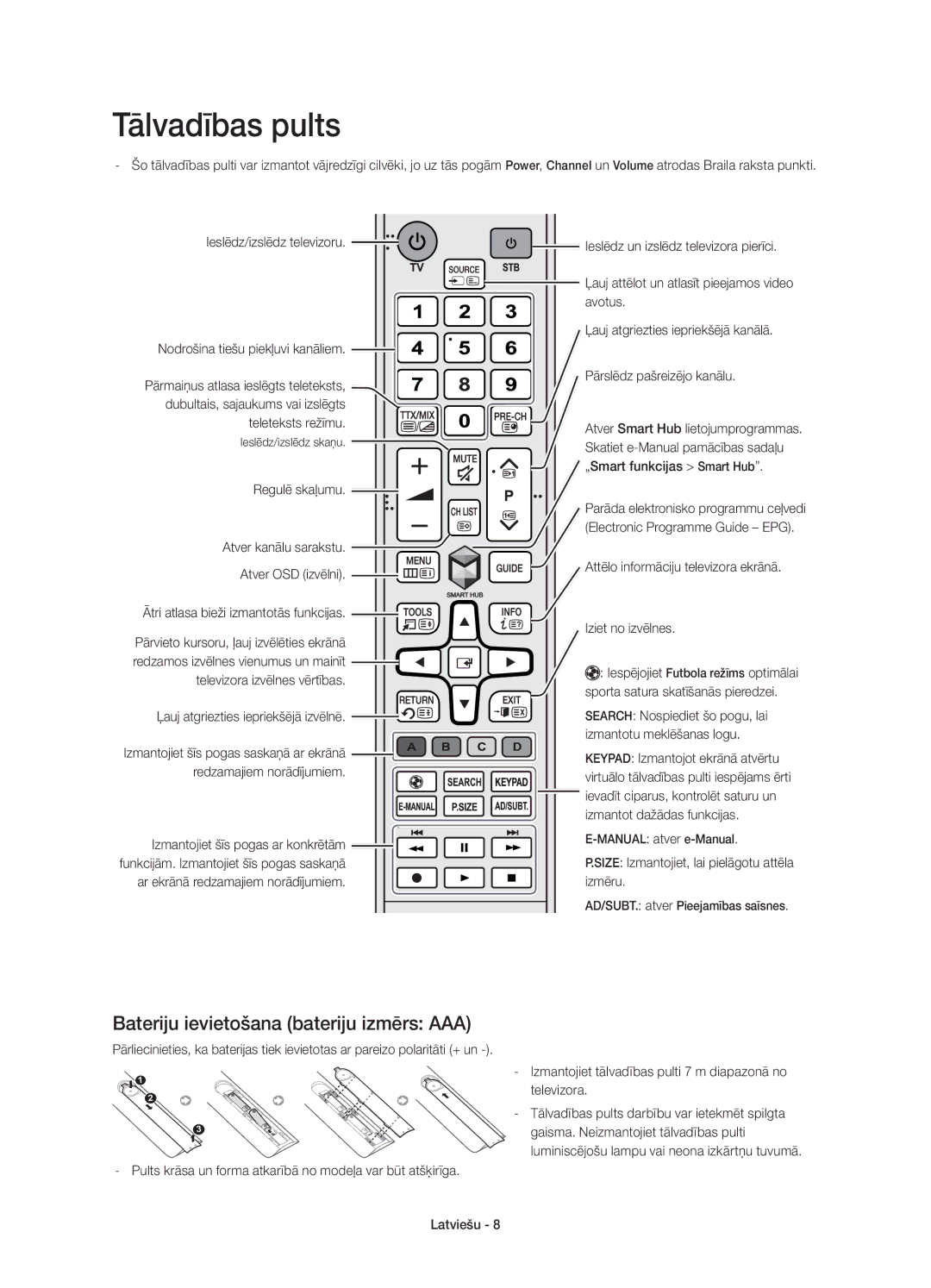 Samsung UE48H6800AKXXU, UE48H6800AWXXH, UE55H6800AWXXH manual Tālvadības pults, Bateriju ievietošana bateriju izmērs AAA 