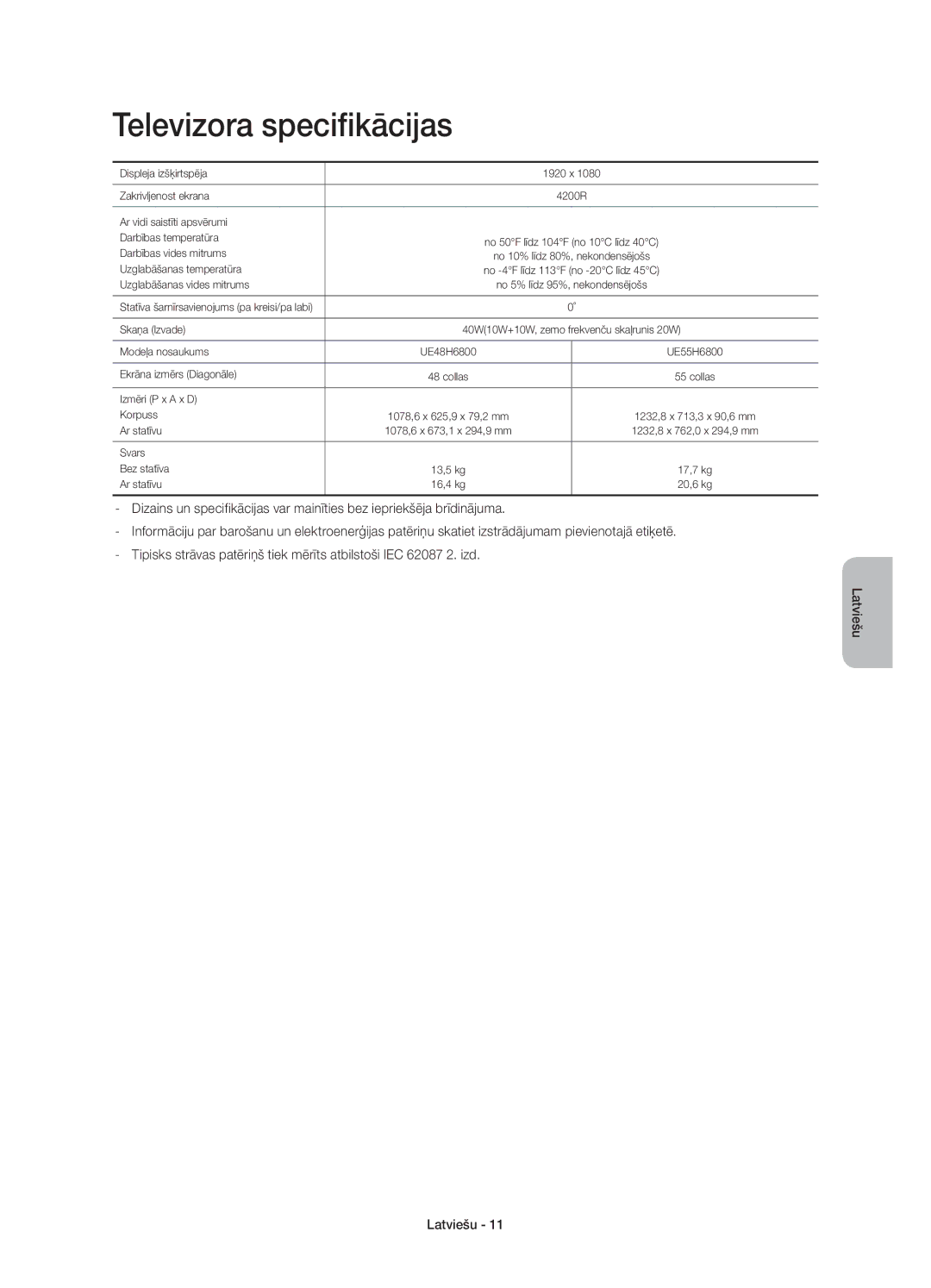 Samsung UE55H6800AKXXU, UE48H6800AWXXH, UE55H6800AWXXH, UE48H6800AWXZF, UE55H6800AWXZF manual Televizora specifikācijas 