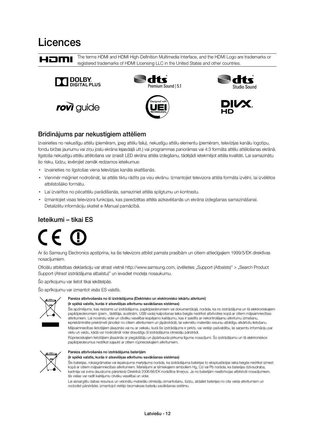 Samsung UE48H6800AWXXH, UE55H6800AWXXH, UE48H6800AWXZF manual Brīdinājums par nekustīgiem attēliem, Ieteikumi tikai ES 