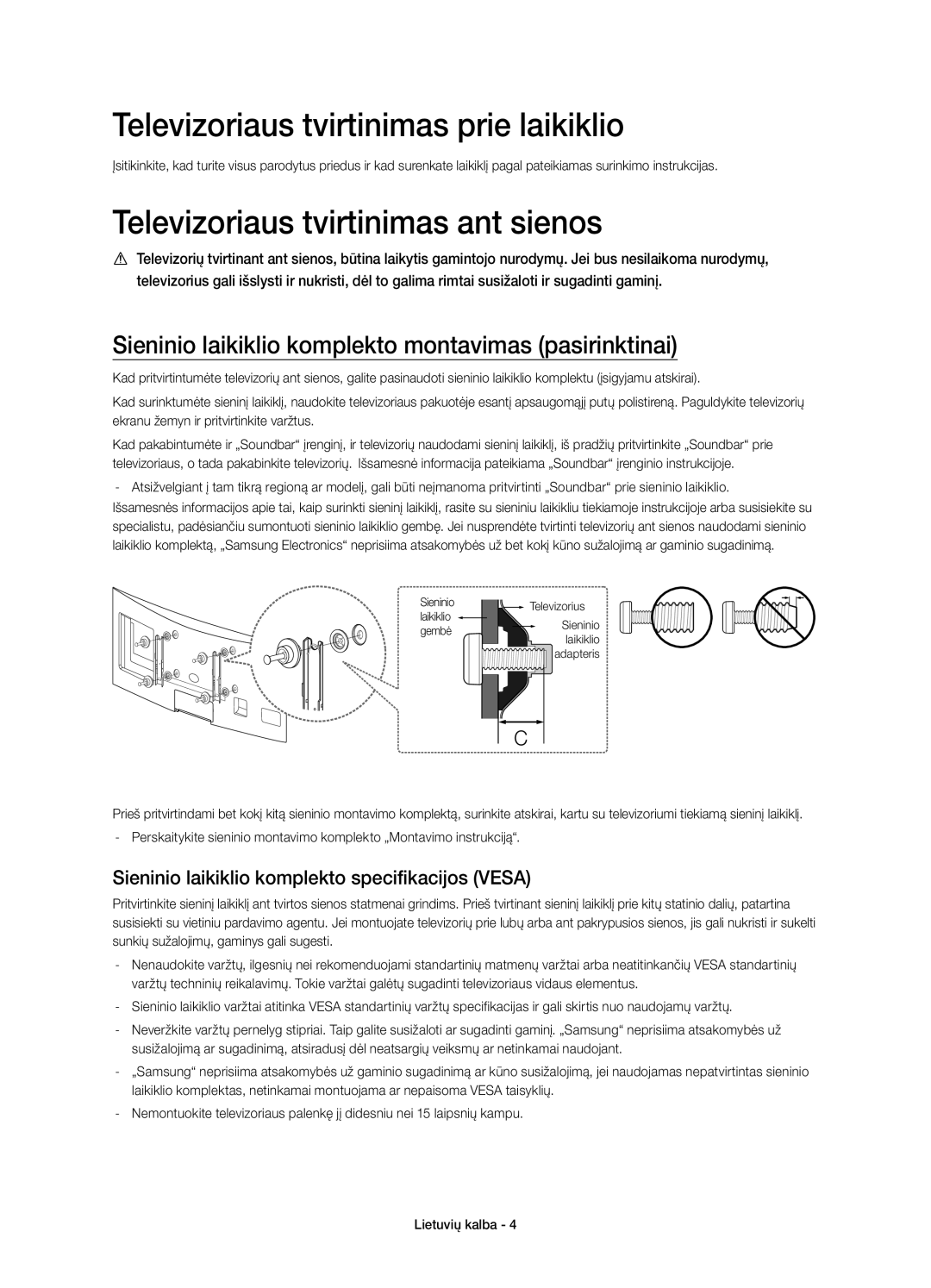 Samsung UE48H6800AWXXC, UE48H6800AWXXH manual Televizoriaus tvirtinimas prie laikiklio, Televizoriaus tvirtinimas ant sienos 