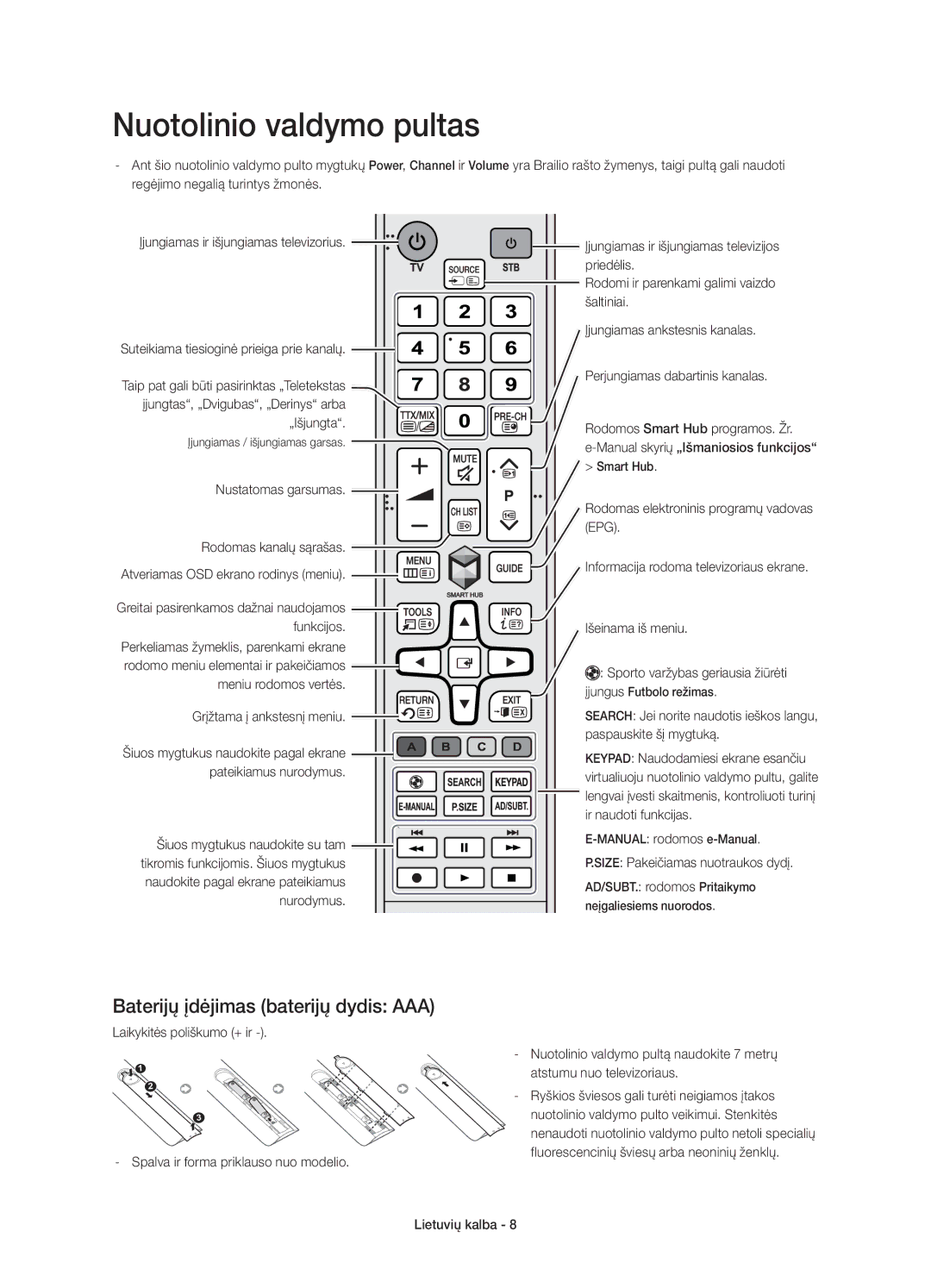 Samsung UE48H6800AKXXU, UE48H6800AWXXH, UE55H6800AWXXH manual Nuotolinio valdymo pultas, Baterijų įdėjimas baterijų dydis AAA 