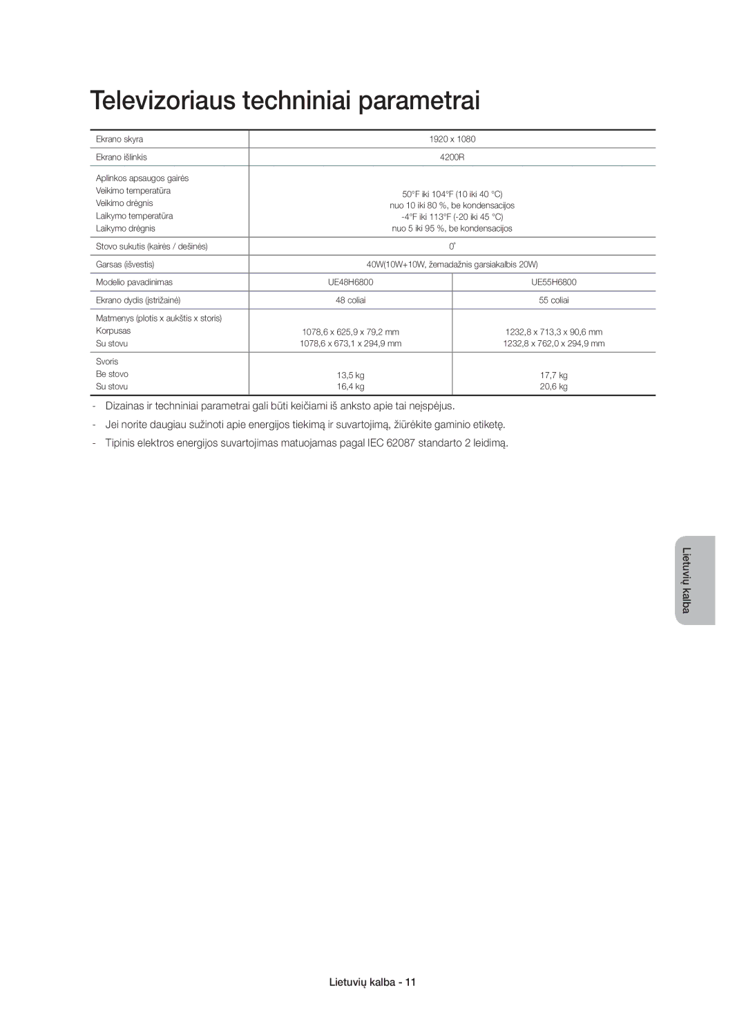 Samsung UE55H6800AKXXU, UE48H6800AWXXH, UE55H6800AWXXH, UE48H6800AWXZF, UE55H6800AWXZF Televizoriaus techniniai parametrai 