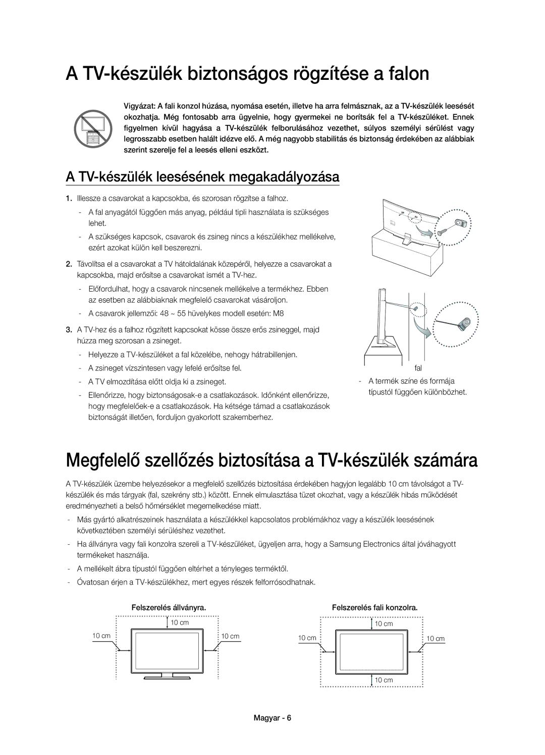 Samsung UE48H6800AKXXH manual TV-készülék biztonságos rögzítése a falon, TV-készülék leesésének megakadályozása, Fal 