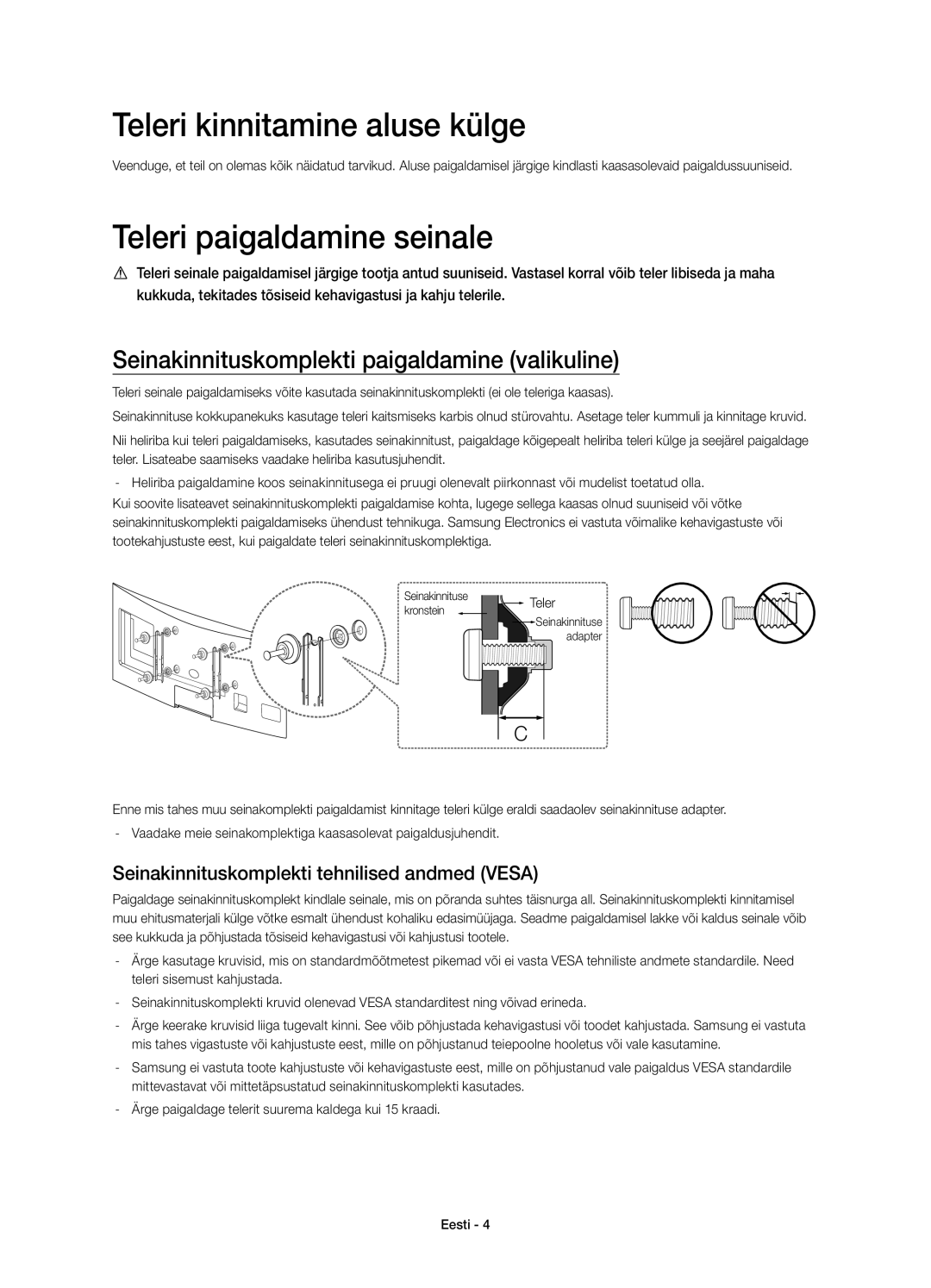 Samsung UE48H6800AWXXC, UE48H6800AWXXH, UE55H6800AWXXH manual Teleri kinnitamine aluse külge, Teleri paigaldamine seinale 