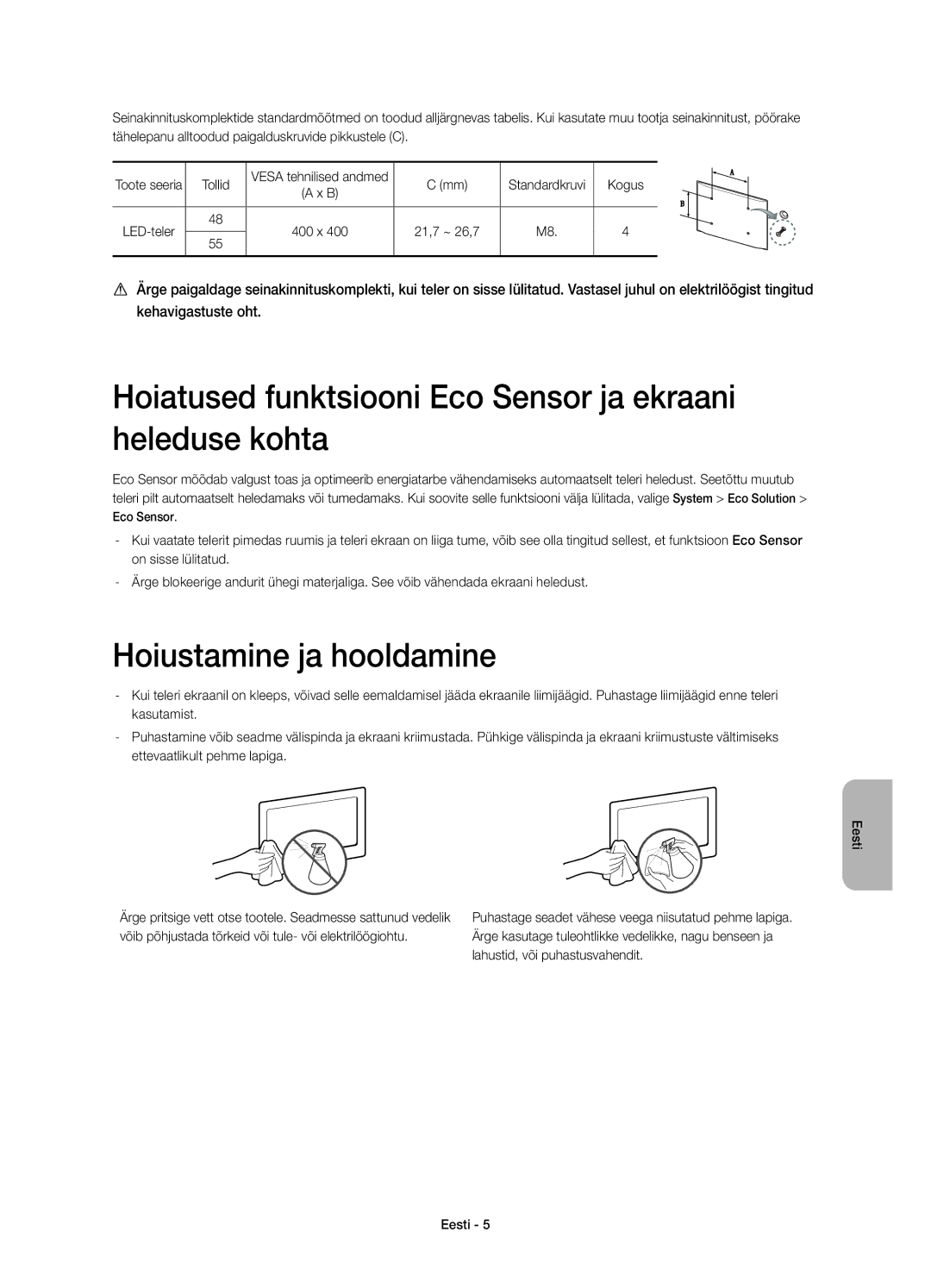 Samsung UE55H6800AWXXC manual Hoiatused funktsiooni Eco Sensor ja ekraani heleduse kohta, Hoiustamine ja hooldamine, Tollid 