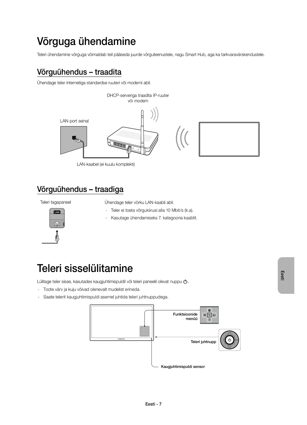 Samsung UE55H6800AKXXH manual Võrguga ühendamine, Teleri sisselülitamine, Võrguühendus traadita, Võrguühendus traadiga 