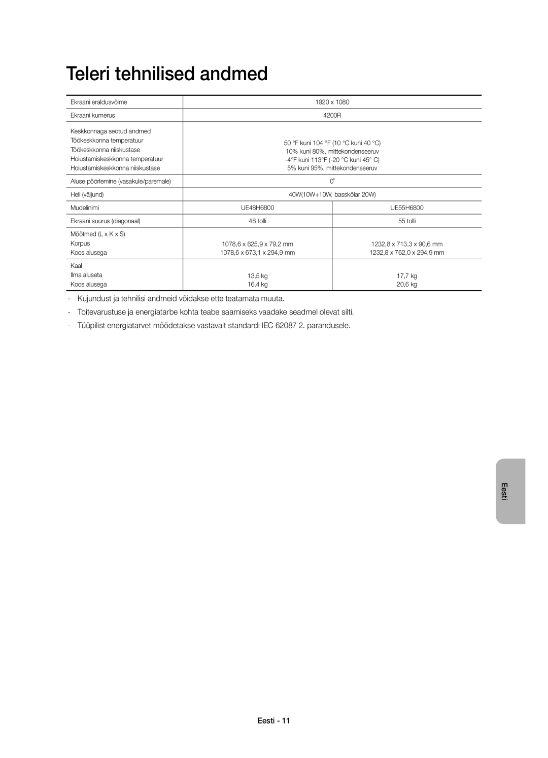 Samsung UE55H6800AKXXU manual Teleri tehnilised andmed, Kujundust ja tehnilisi andmeid võidakse ette teatamata muuta 