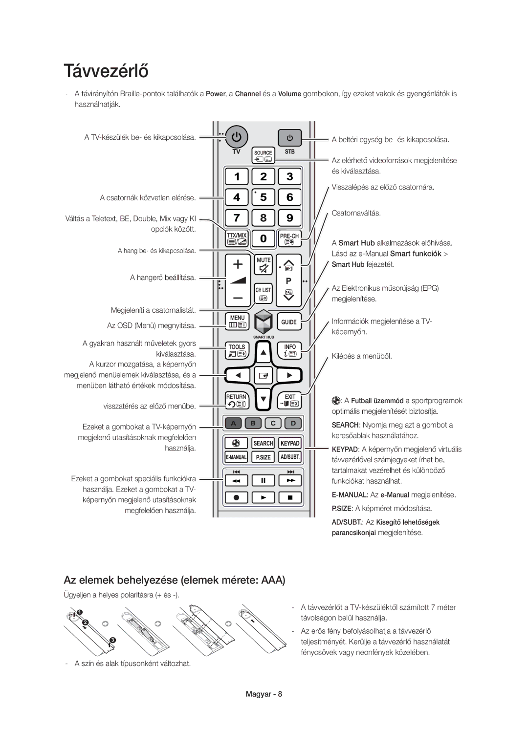 Samsung UE48H6800AKXXU, UE48H6800AWXXH, UE55H6800AWXXH Távvezérlő, Az elemek behelyezése elemek mérete AAA, És kiválasztása 