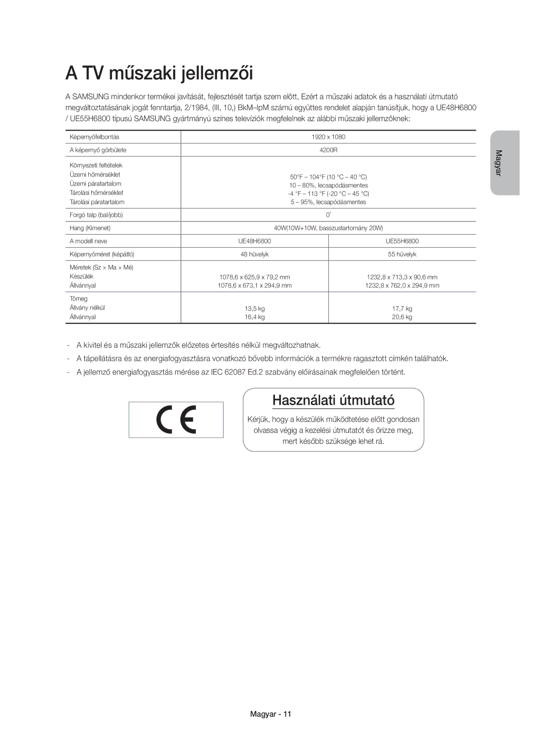 Samsung UE55H6800AKXXU, UE48H6800AWXXH, UE55H6800AWXXH, UE48H6800AWXZF manual TV műszaki jellemzői, Használati útmutató 