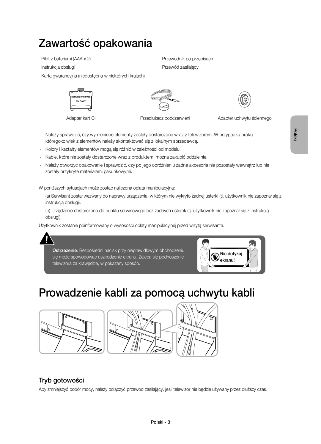 Samsung UE55H6800AWXZF, UE48H6800AWXXH Zawartość opakowania, Prowadzenie kabli za pomocą uchwytu kabli, Tryb gotowości 