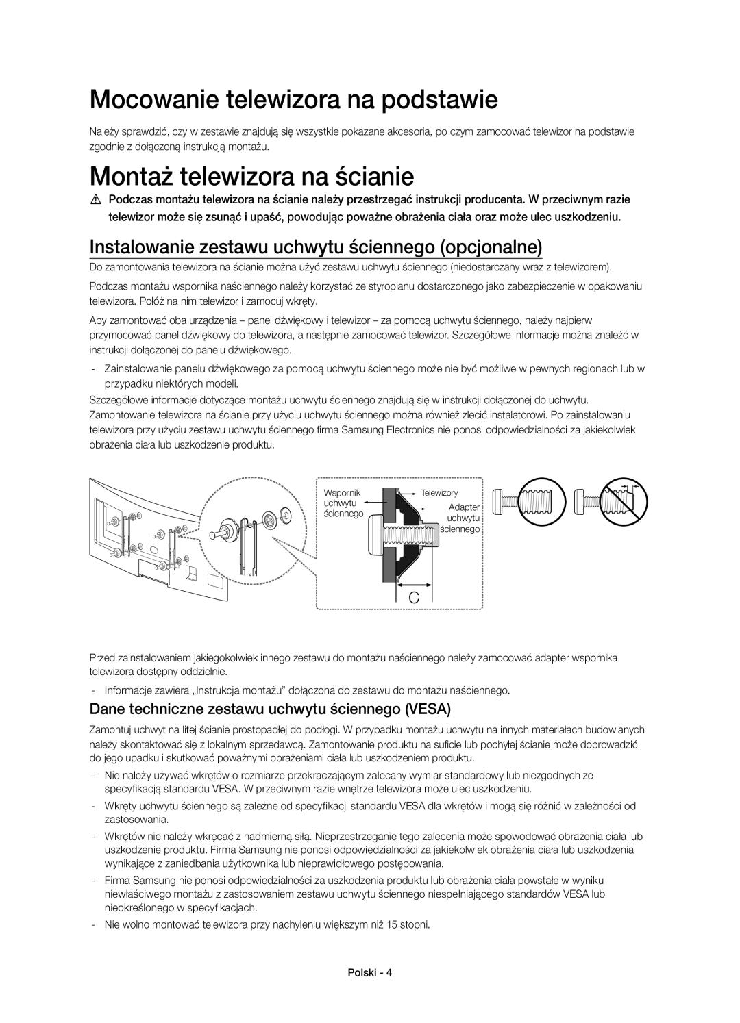 Samsung UE48H6800AWXXC, UE48H6800AWXXH, UE55H6800AWXXH manual Mocowanie telewizora na podstawie, Montaż telewizora na ścianie 