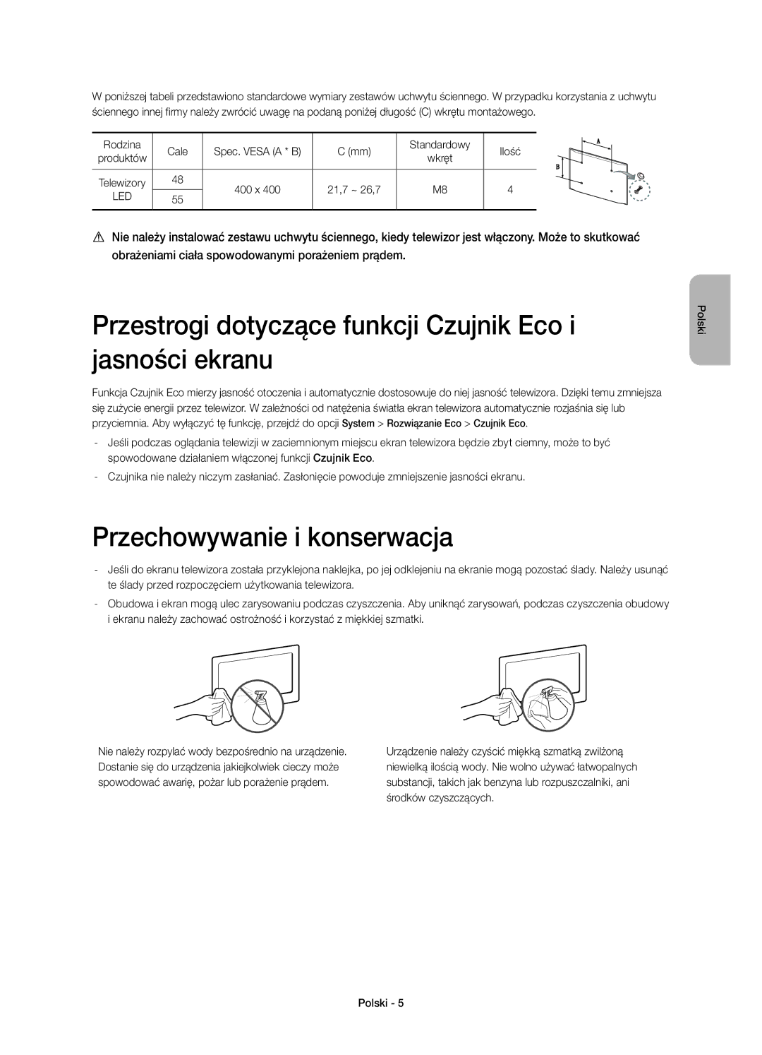 Samsung UE55H6800AWXXC manual Przestrogi dotyczące funkcji Czujnik Eco i jasności ekranu, Przechowywanie i konserwacja 