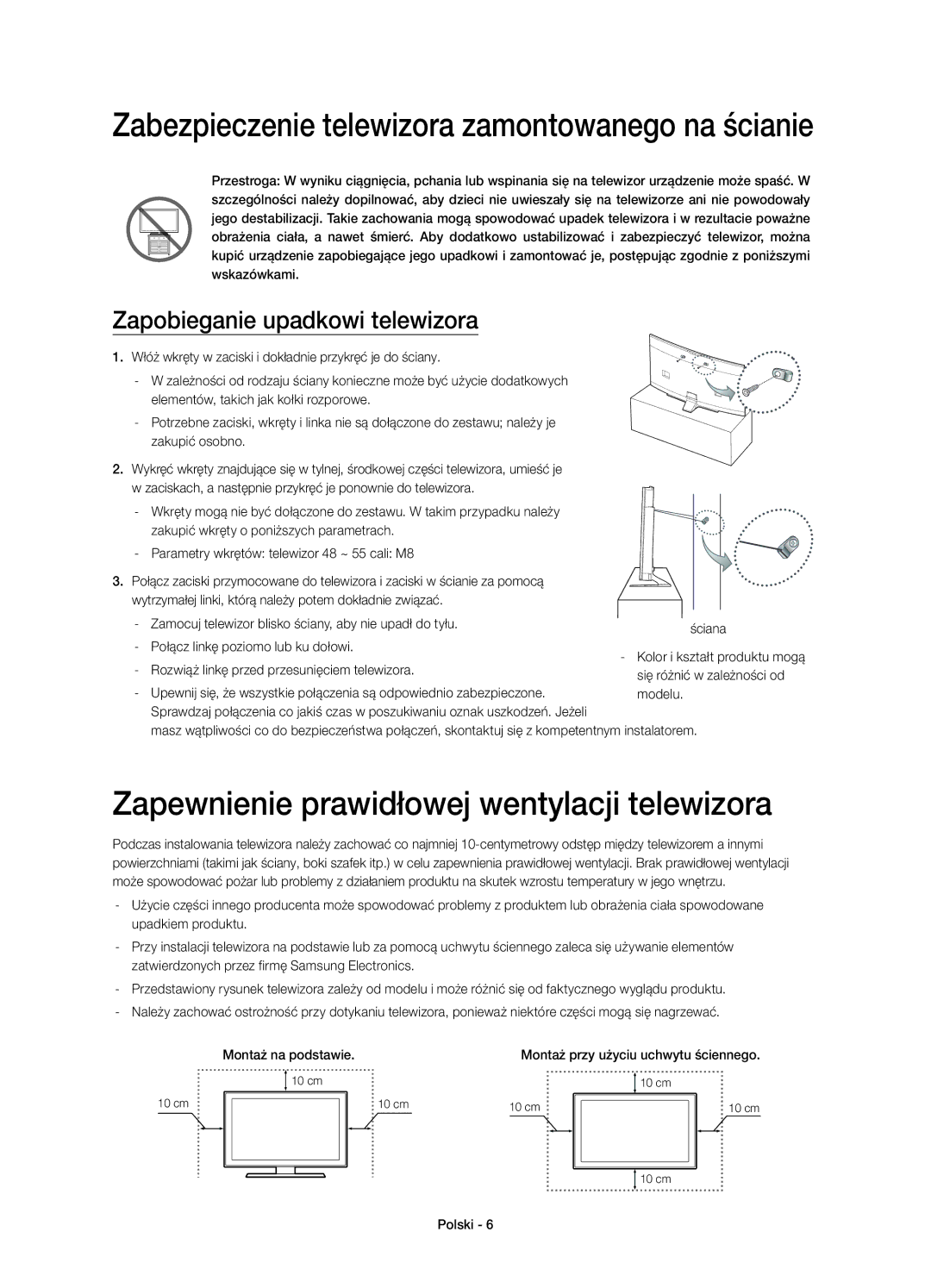 Samsung UE48H6800AKXXH, UE48H6800AWXXH Zapewnienie prawidłowej wentylacji telewizora, Zapobieganie upadkowi telewizora 