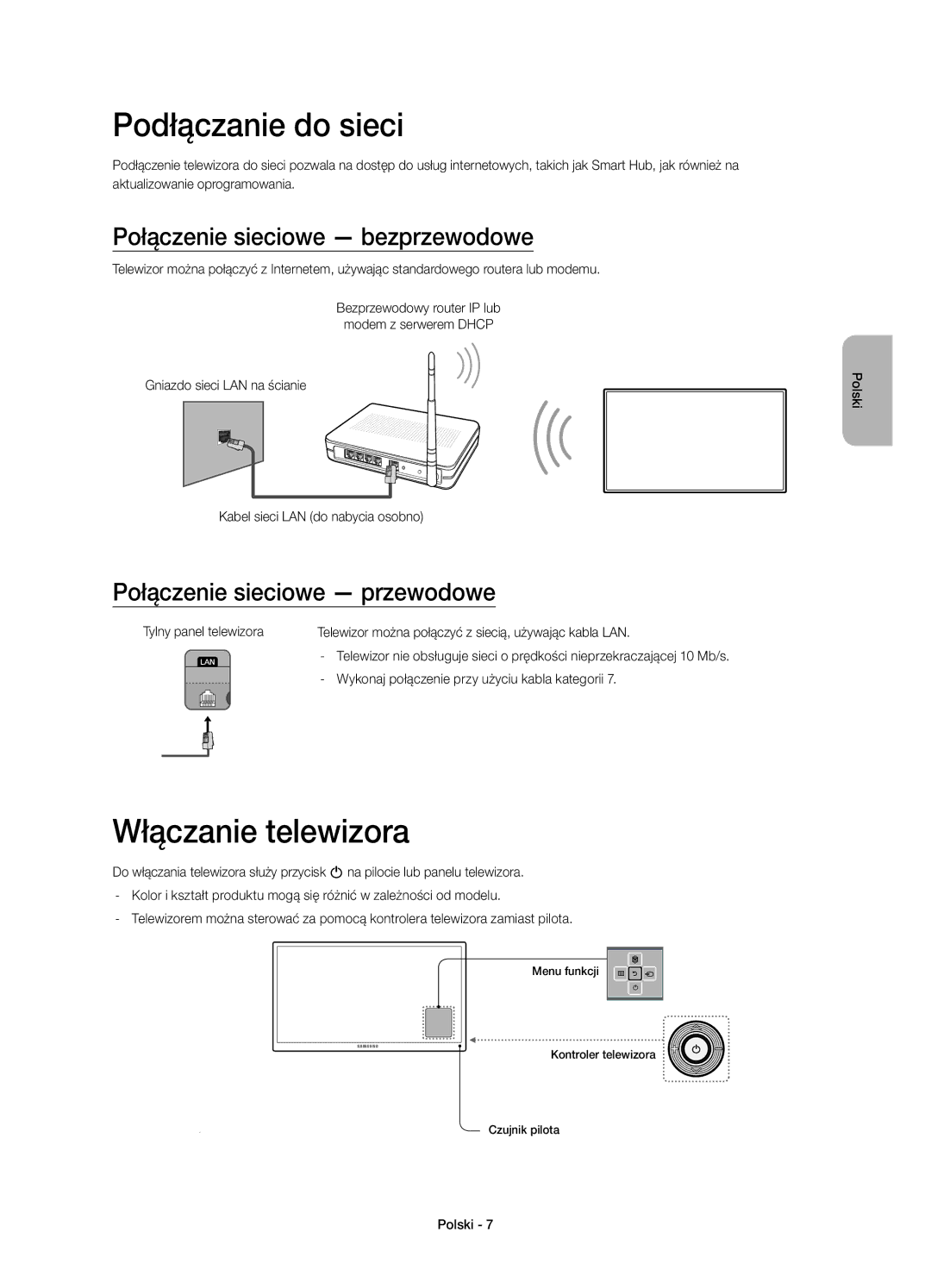 Samsung UE55H6800AKXXH, UE48H6800AWXXH manual Podłączanie do sieci, Włączanie telewizora, Połączenie sieciowe bezprzewodowe 