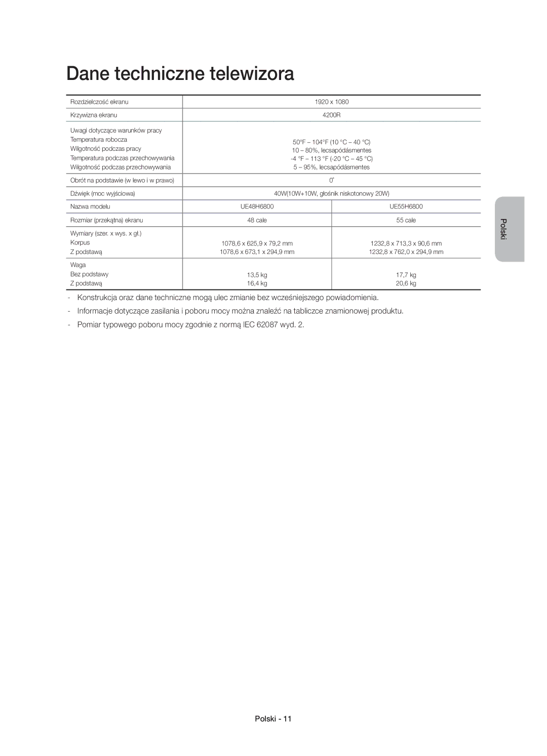 Samsung UE55H6800AKXXU, UE48H6800AWXXH, UE55H6800AWXXH, UE48H6800AWXZF Dane techniczne telewizora, Wilgotność podczas pracy 