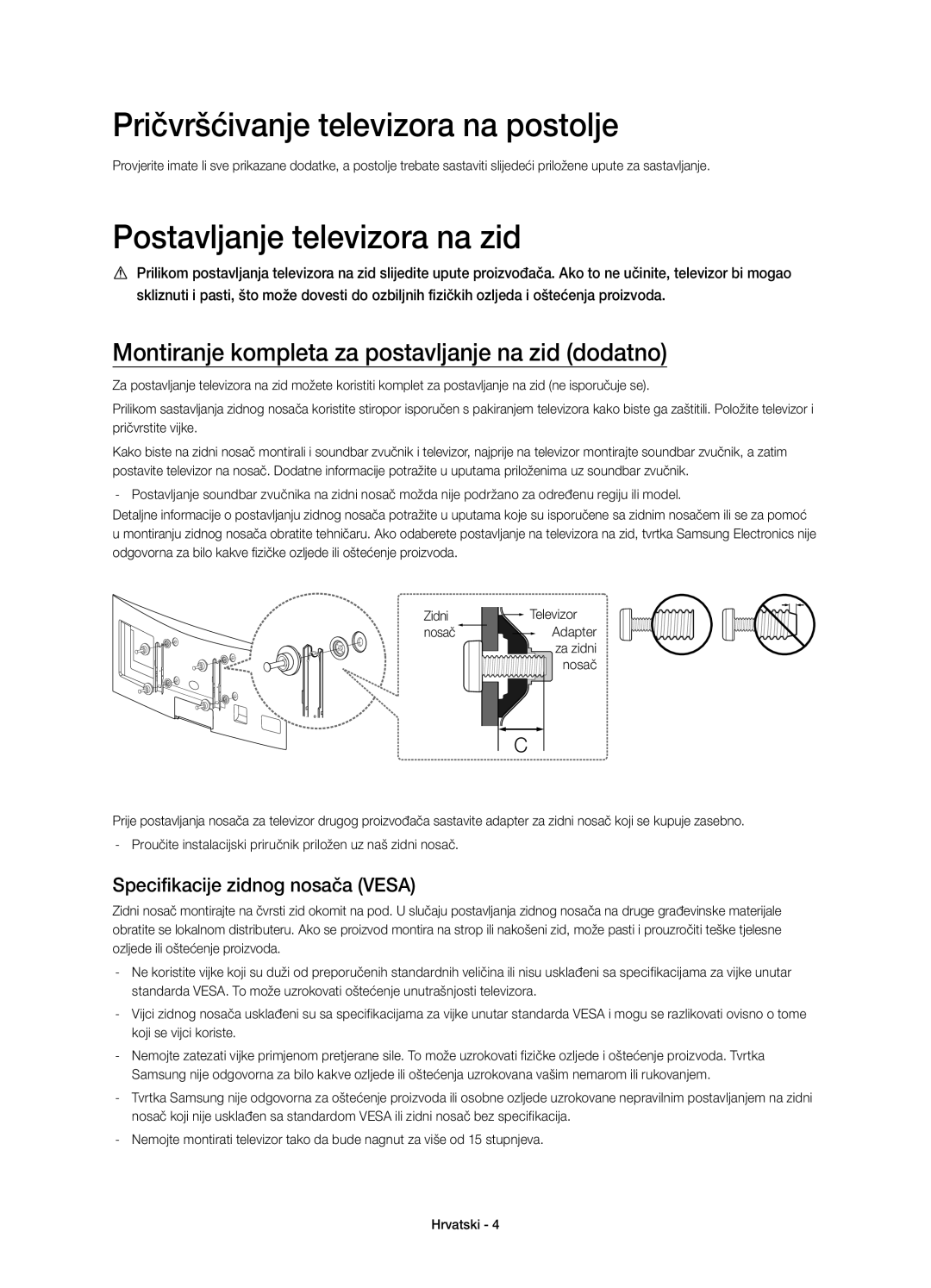 Samsung UE48H6800AWXXC, UE48H6800AWXXH manual Pričvršćivanje televizora na postolje, Postavljanje televizora na zid 