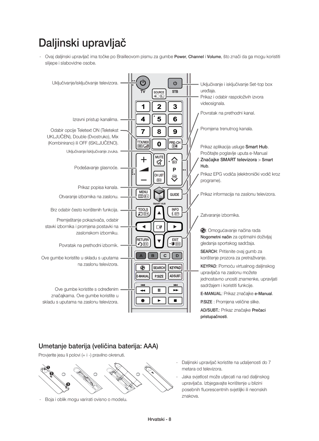 Samsung UE48H6800AKXXU, UE48H6800AWXXH, UE55H6800AWXXH manual Daljinski upravljač, Umetanje baterija veličina baterija AAA 