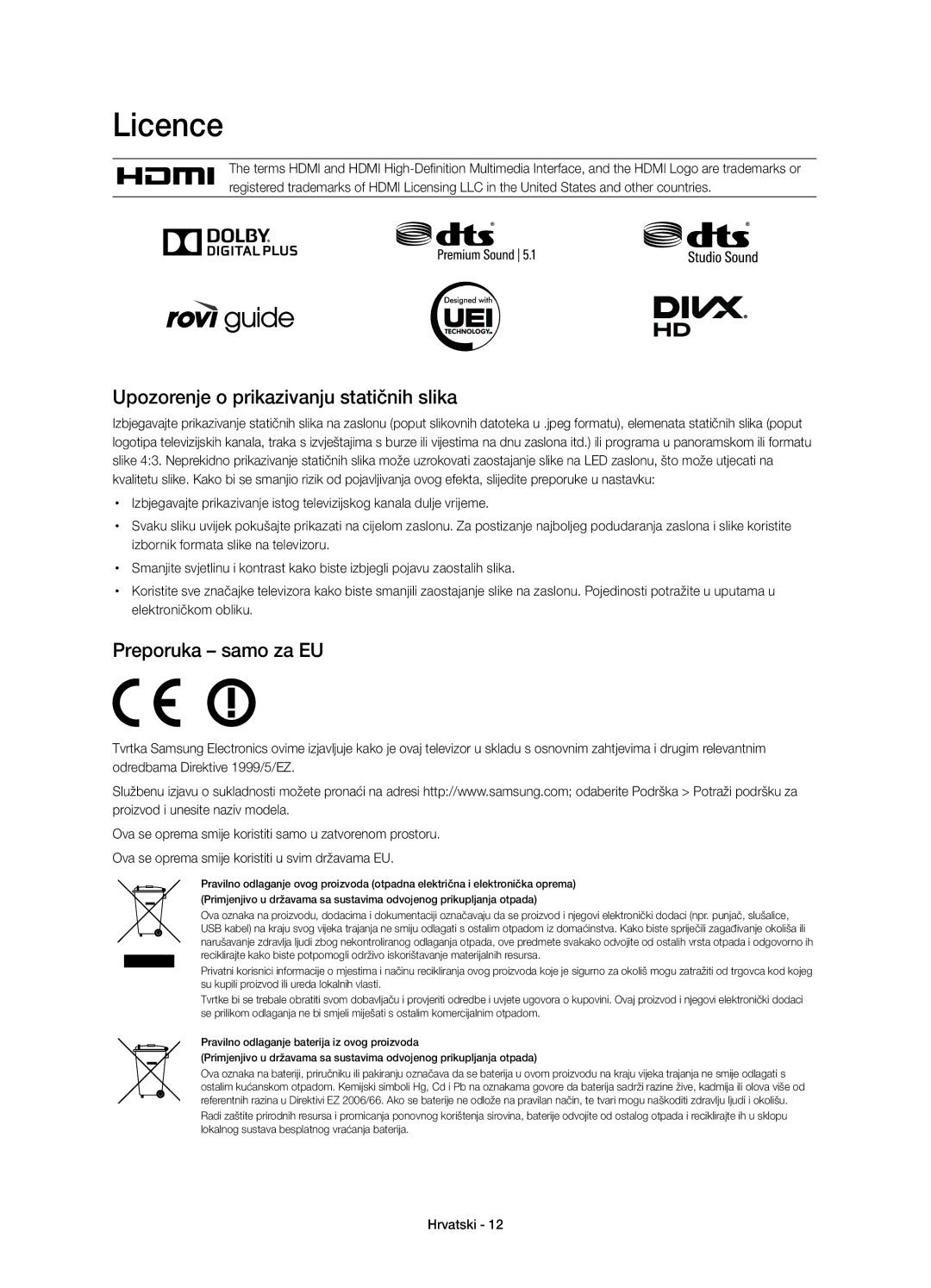 Samsung UE48H6800AWXXH, UE55H6800AWXXH manual Licence, Upozorenje o prikazivanju statičnih slika, Preporuka samo za EU 