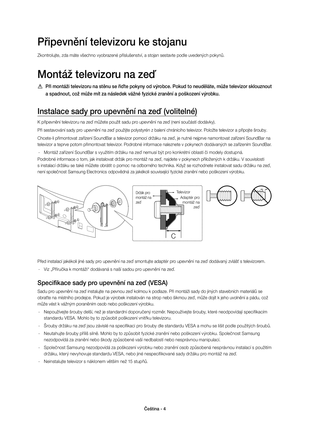 Samsung UE48H6800AWXXC, UE48H6800AWXXH, UE55H6800AWXXH manual Připevnění televizoru ke stojanu, Montáž televizoru na zeď 