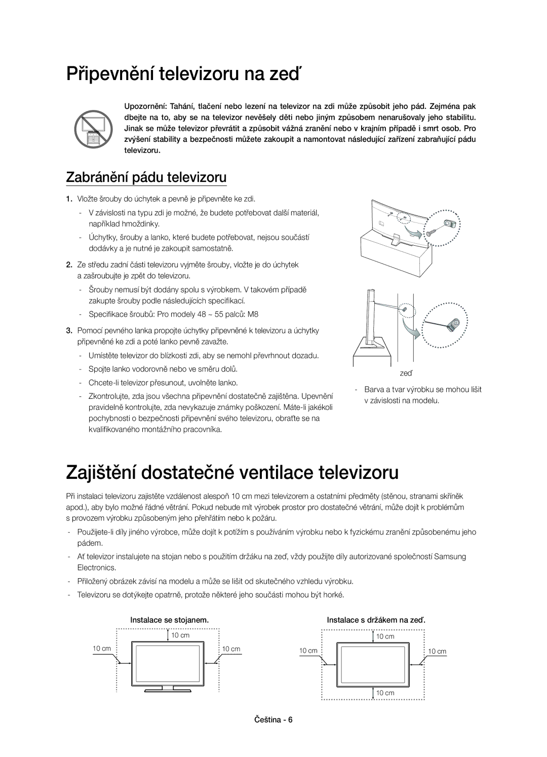 Samsung UE48H6800AKXXH Připevnění televizoru na zeď, Zajištění dostatečné ventilace televizoru, Zabránění pádu televizoru 