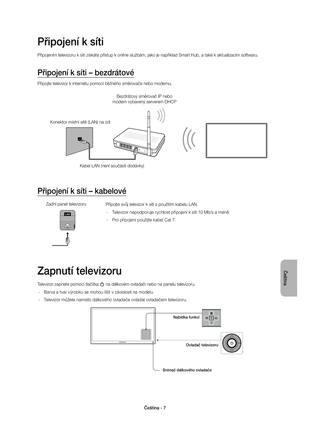 Samsung UE55H6800AKXXH, UE48H6800AWXXH manual Zapnutí televizoru, Připojení k síti bezdrátové, Připojení k síti kabelové 