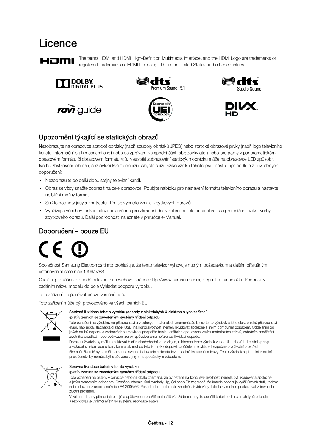 Samsung UE48H6800AWXXH, UE55H6800AWXXH, UE48H6800AWXZF manual Upozornění týkající se statických obrazů, Doporučení pouze EU 