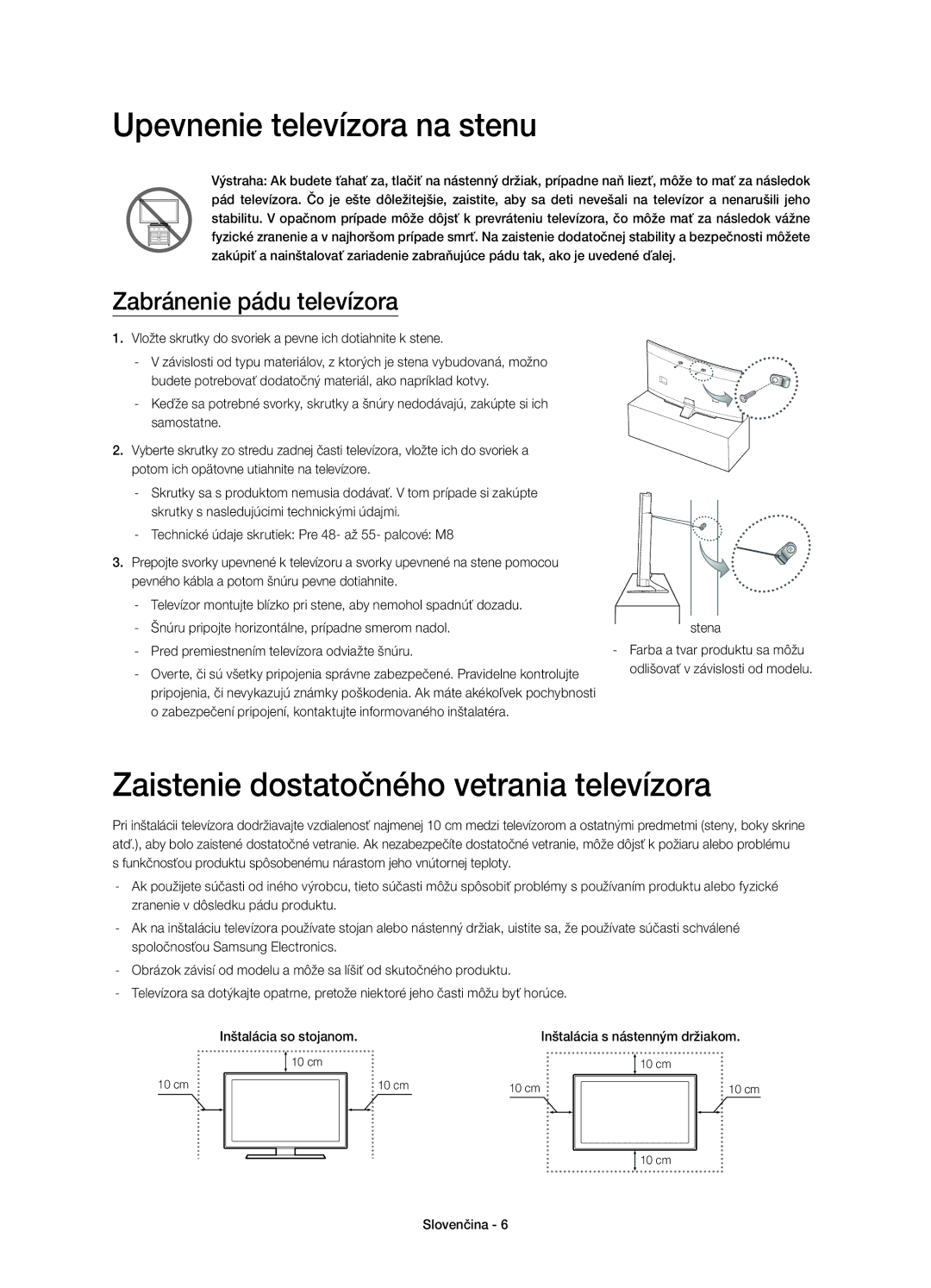 Samsung UE48H6800AKXXH, UE48H6800AWXXH manual Zaistenie dostatočného vetrania televízora, Zabránenie pádu televízora 