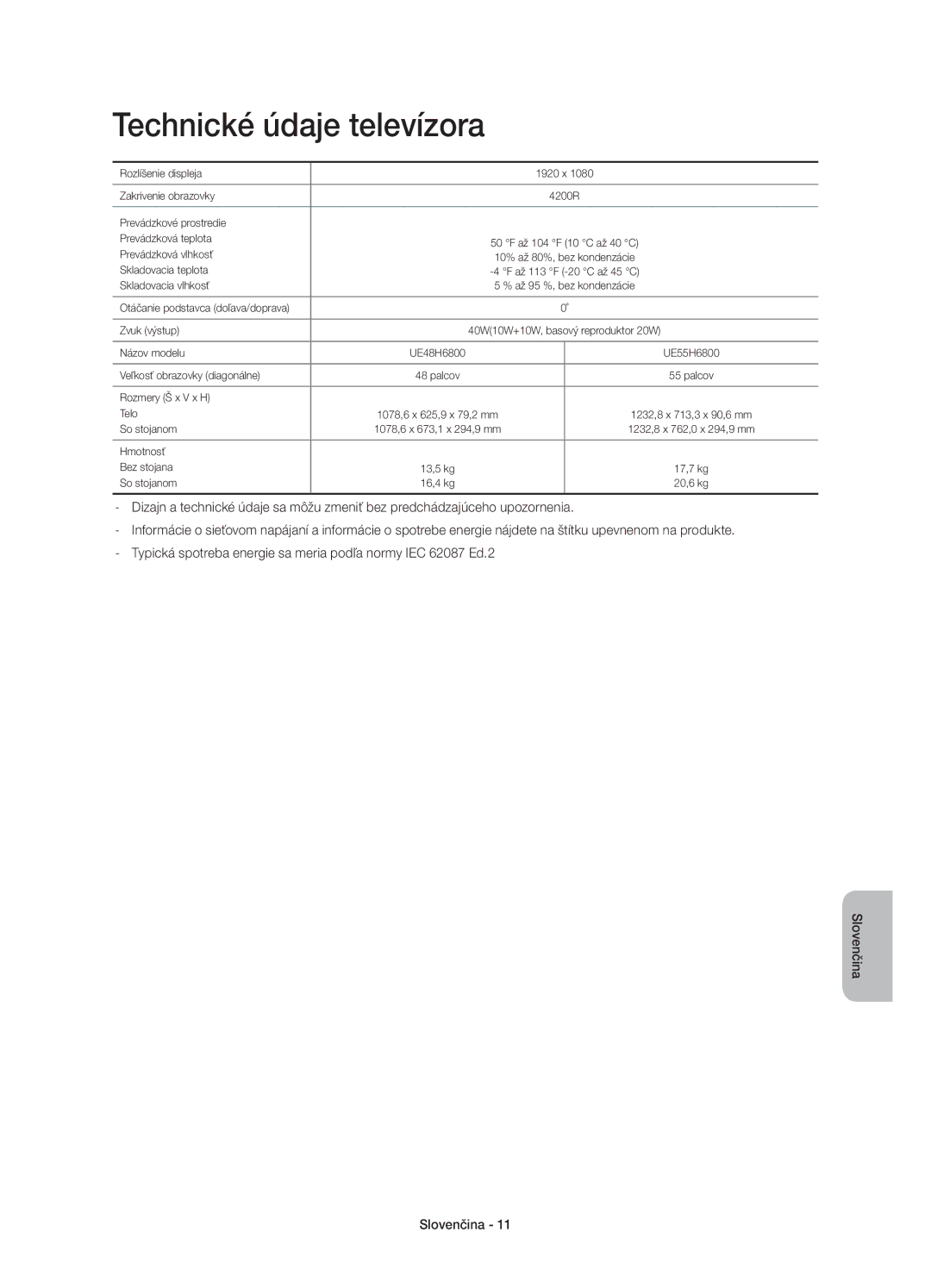 Samsung UE55H6800AKXXU, UE48H6800AWXXH, UE55H6800AWXXH, UE48H6800AWXZF, UE55H6800AWXZF manual Technické údaje televízora 