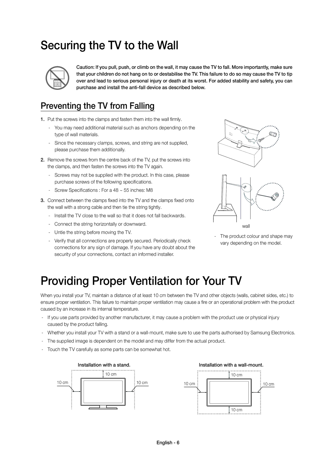 Samsung UE48H6800AWXZF, UE55H6800AWXZF manual Securing the TV to the Wall, Providing Proper Ventilation for Your TV 