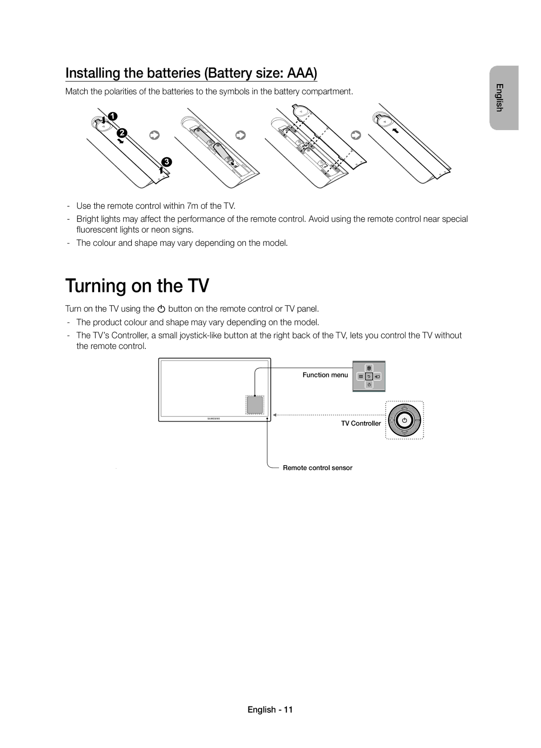 Samsung UE55H6800AYXZT, UE48H6800AYXZT manual Turning on the TV, Installing the batteries Battery size AAA 