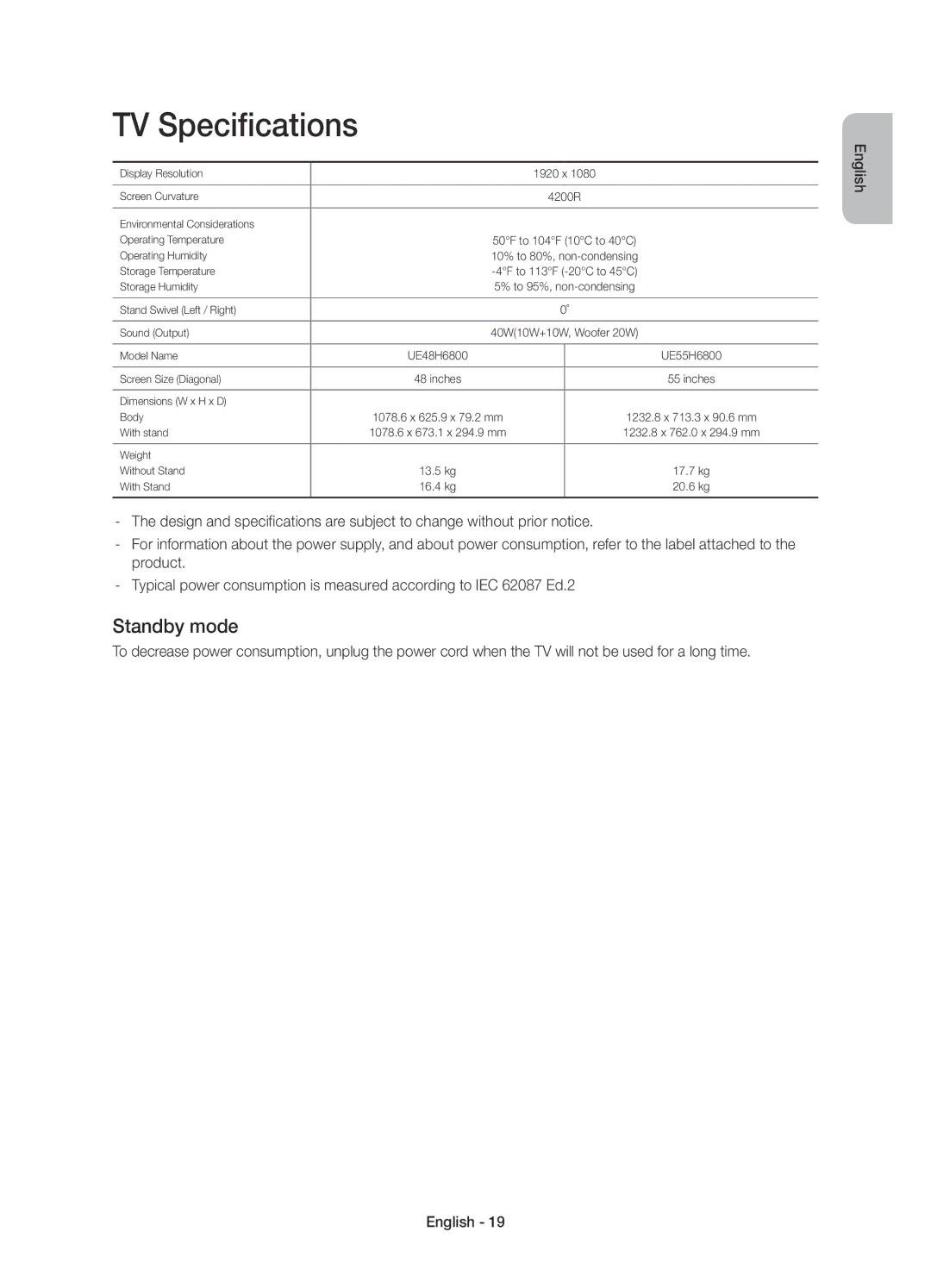 Samsung UE55H6800AYXZT, UE48H6800AYXZT manual TV Specifications, Standby mode 