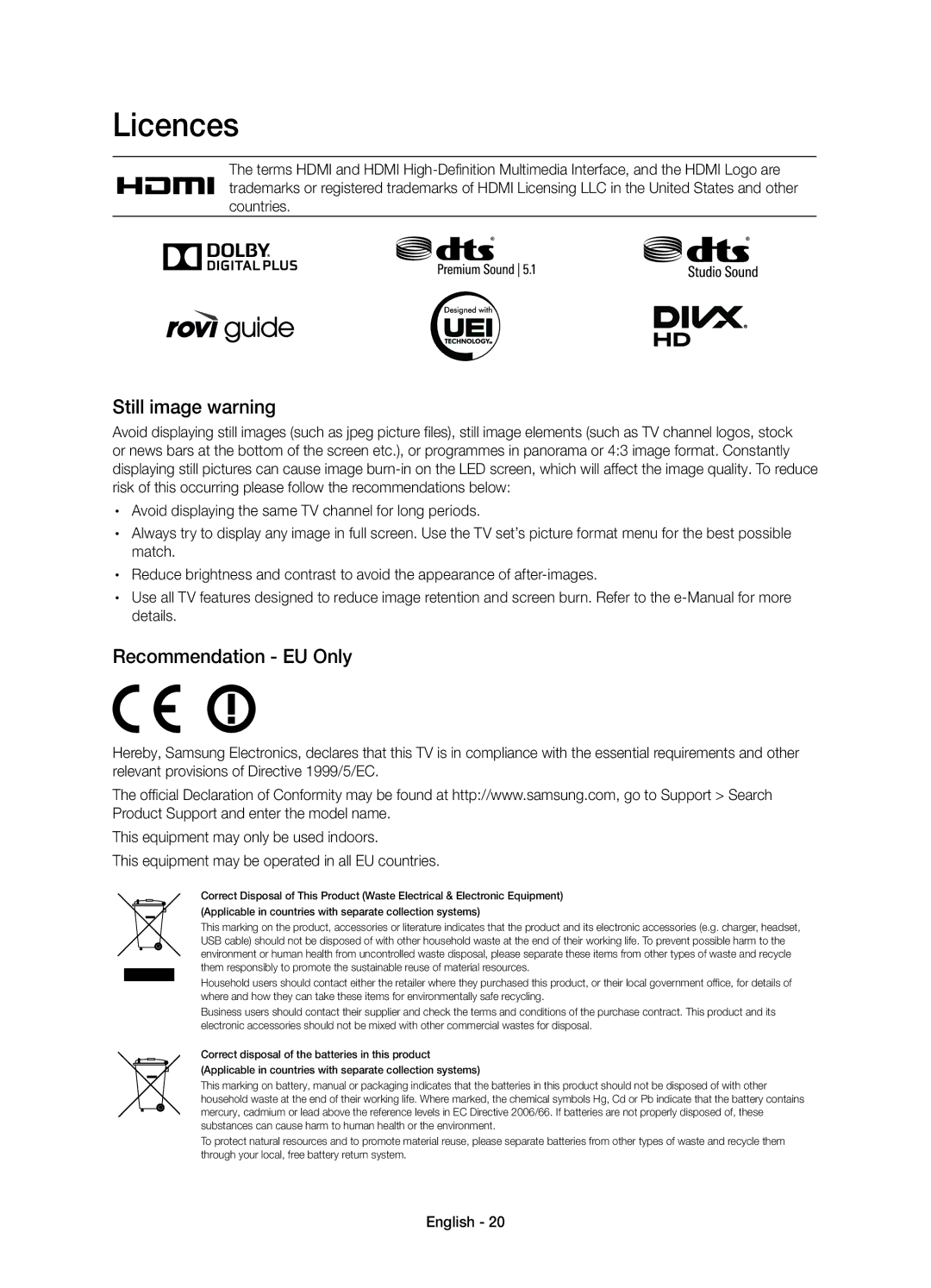 Samsung UE48H6800AYXZT, UE55H6800AYXZT manual Licences, Still image warning, Recommendation EU Only 