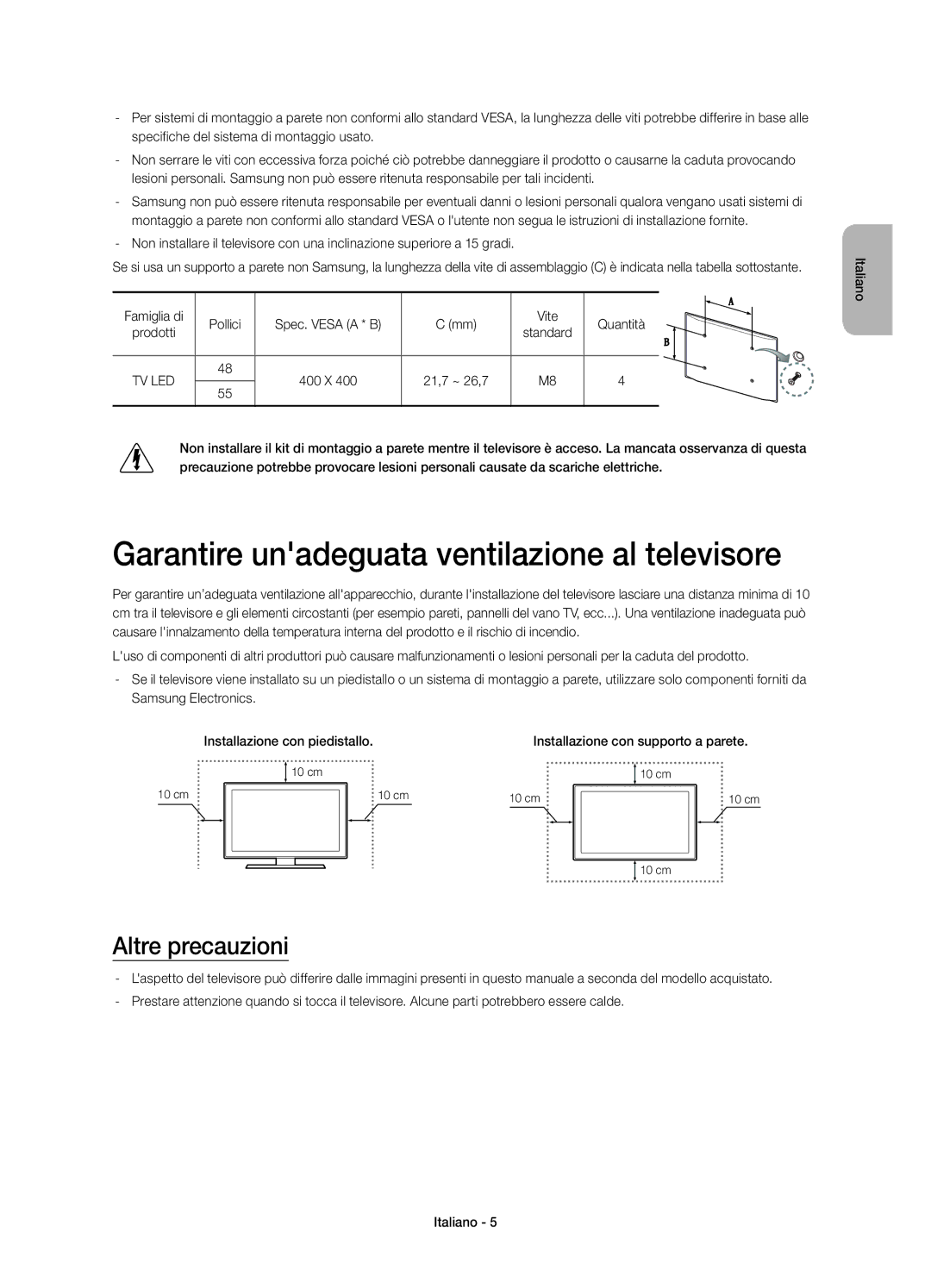 Samsung UE55H6800AYXZT, UE48H6800AYXZT manual Garantire unadeguata ventilazione al televisore, Altre precauzioni 