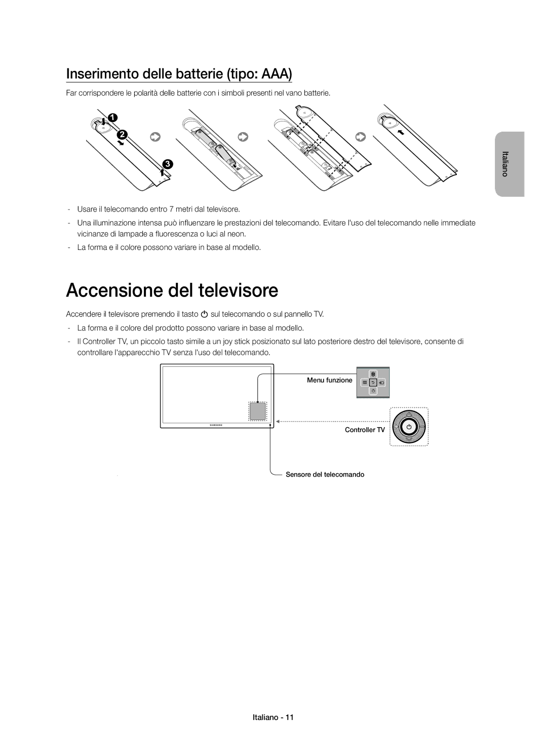 Samsung UE55H6800AYXZT, UE48H6800AYXZT manual Accensione del televisore, Inserimento delle batterie tipo AAA 